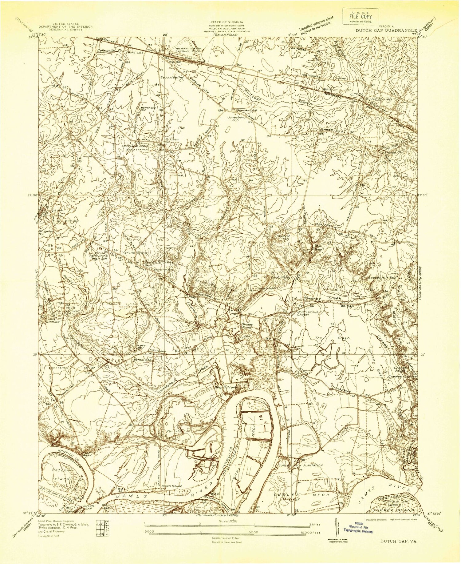 Classic USGS Dutch Gap Virginia 7.5'x7.5' Topo Map Image