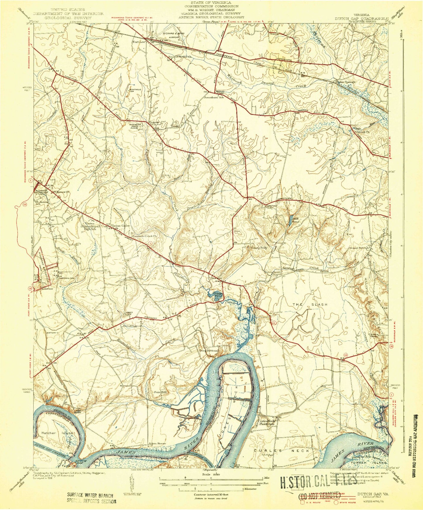 Classic USGS Dutch Gap Virginia 7.5'x7.5' Topo Map Image