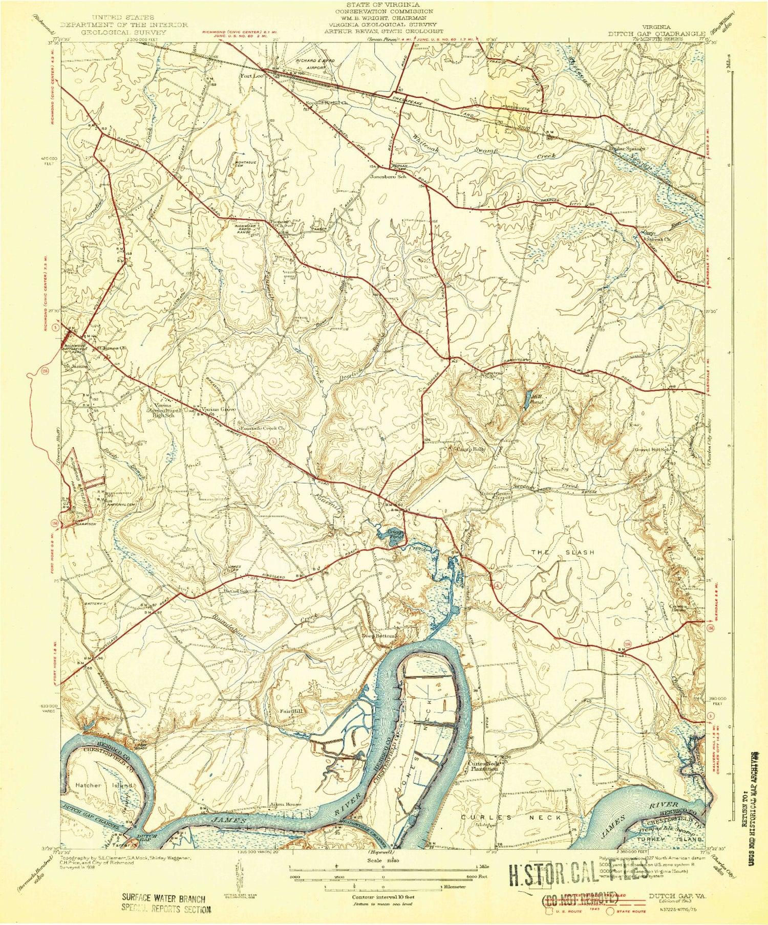 Classic USGS Dutch Gap Virginia 7.5'x7.5' Topo Map Image