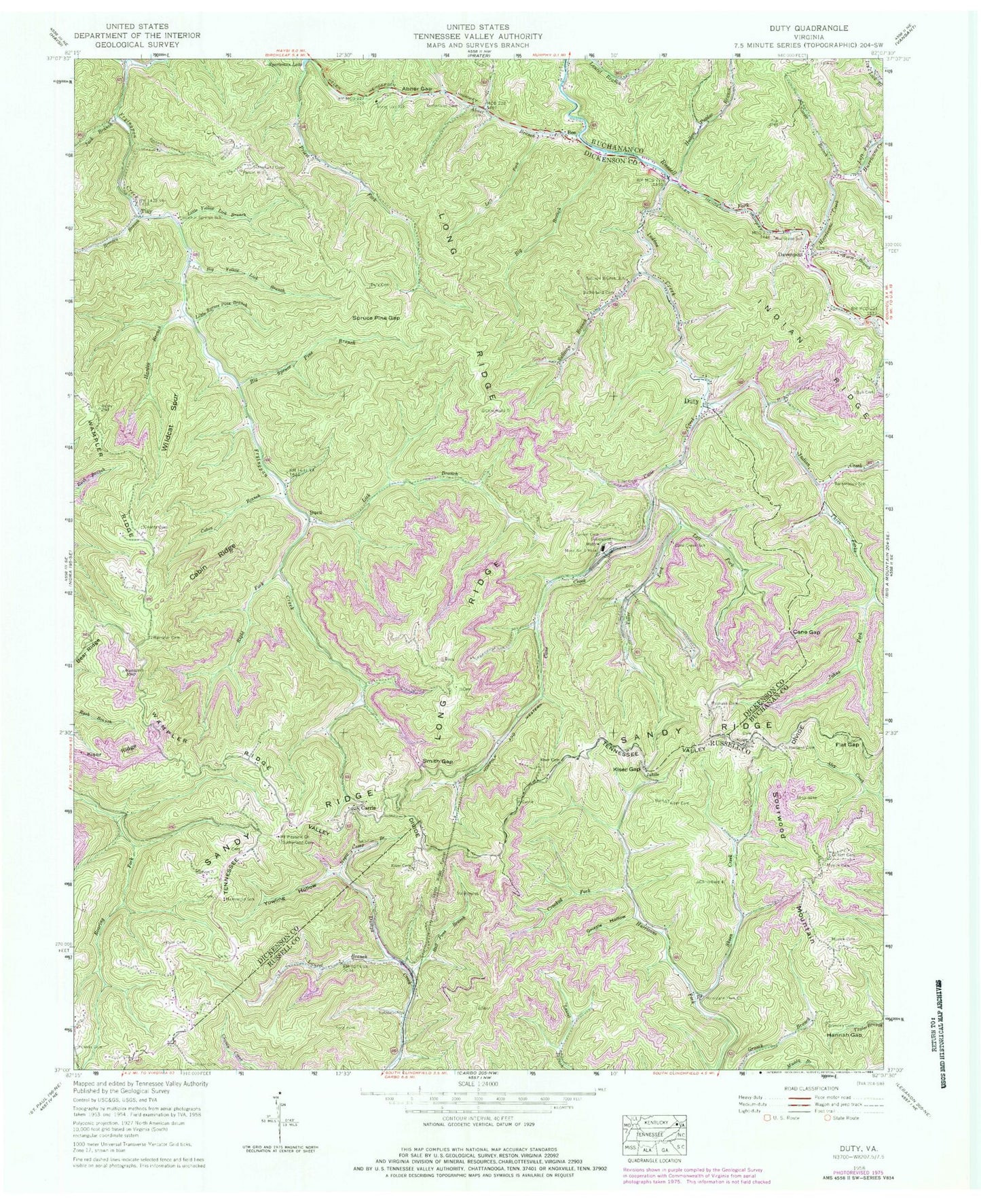 Classic USGS Duty Virginia 7.5'x7.5' Topo Map Image