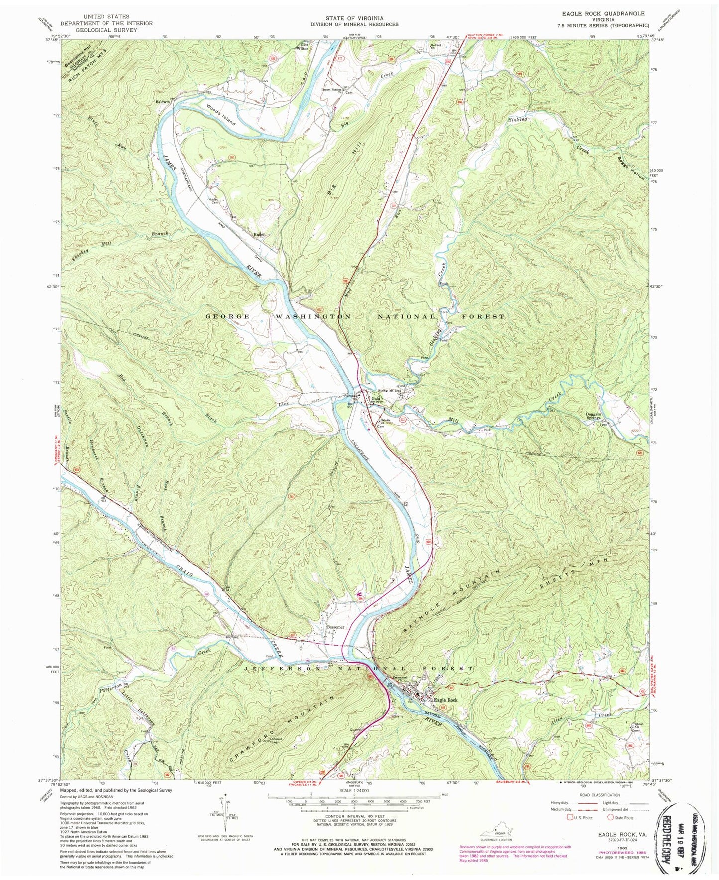 Classic USGS Eagle Rock Virginia 7.5'x7.5' Topo Map Image
