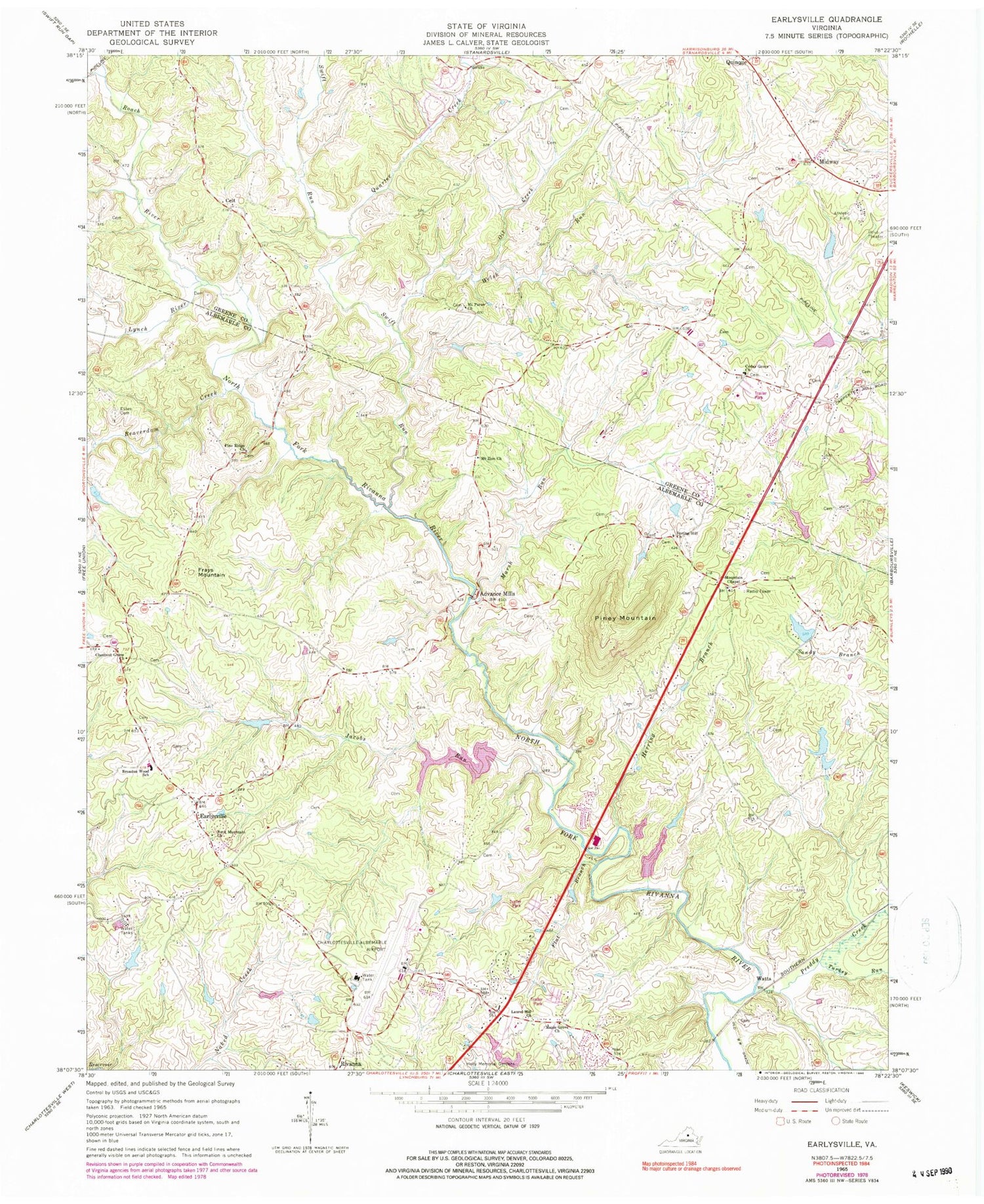 Classic USGS Earlysville Virginia 7.5'x7.5' Topo Map Image
