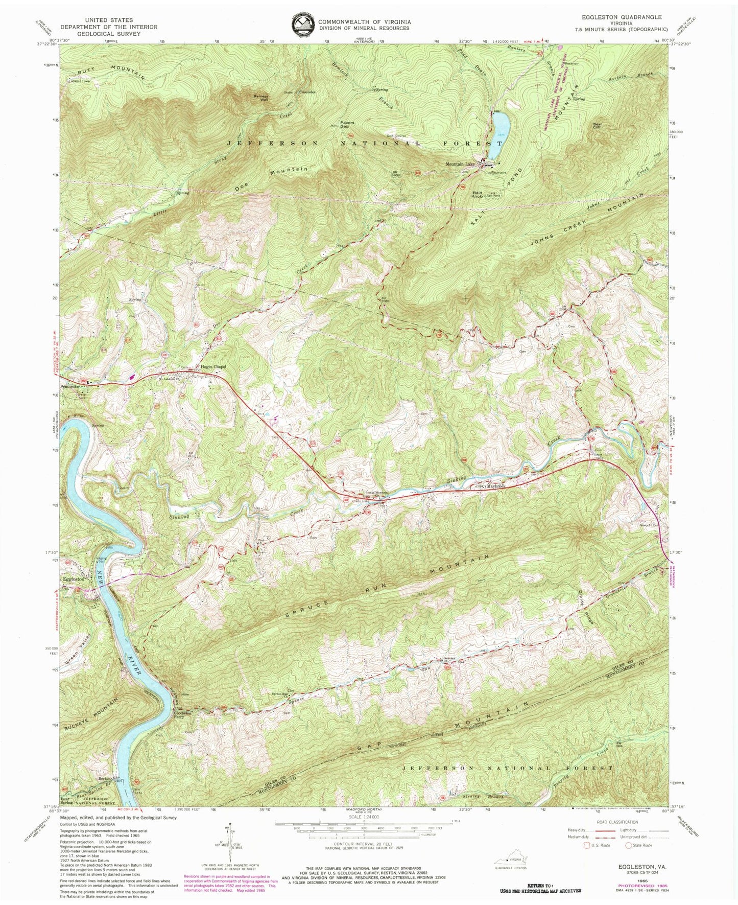 Classic USGS Eggleston Virginia 7.5'x7.5' Topo Map Image