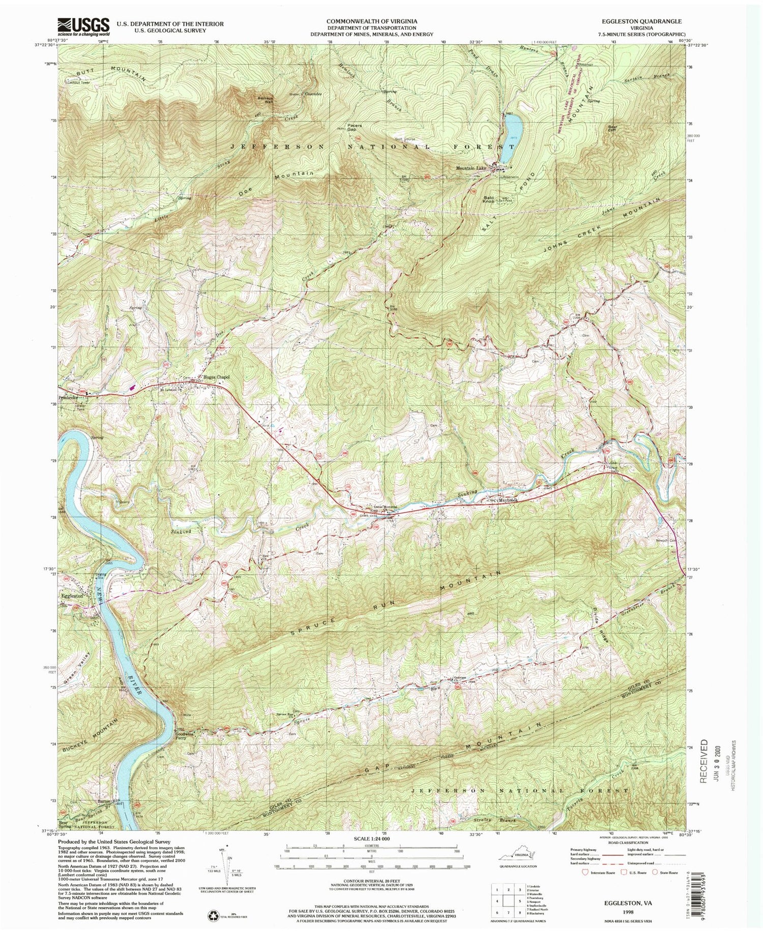 Classic USGS Eggleston Virginia 7.5'x7.5' Topo Map Image