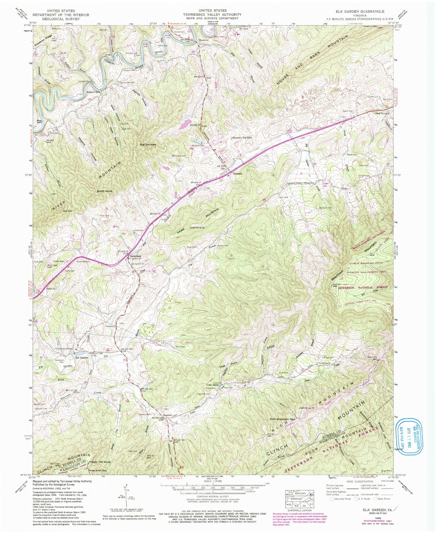 Classic USGS Elk Garden Virginia 7.5'x7.5' Topo Map Image