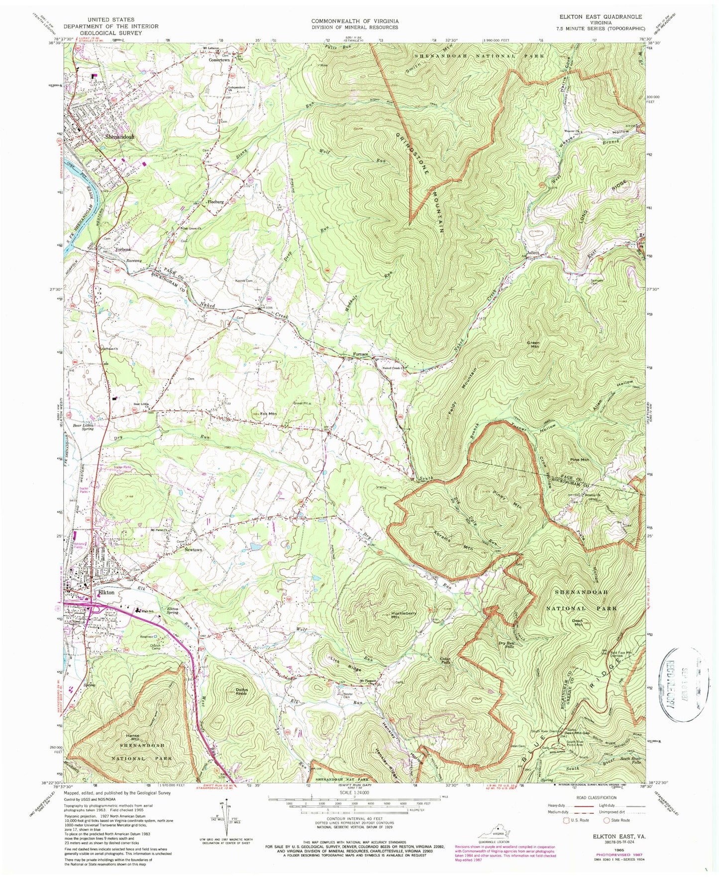 Classic USGS Elkton East Virginia 7.5'x7.5' Topo Map Image