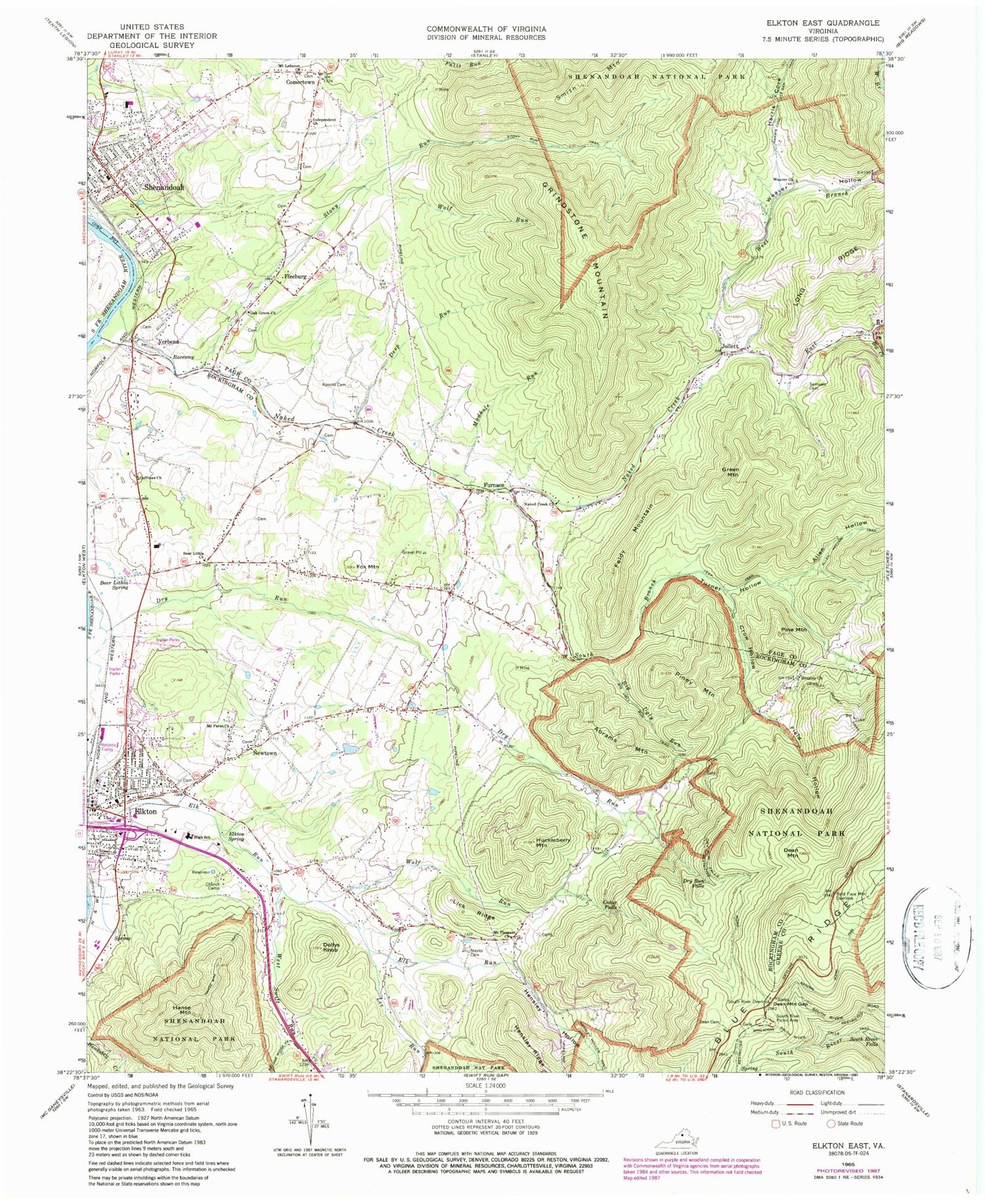 Classic USGS Elkton East Virginia 7.5'x7.5' Topo Map Image