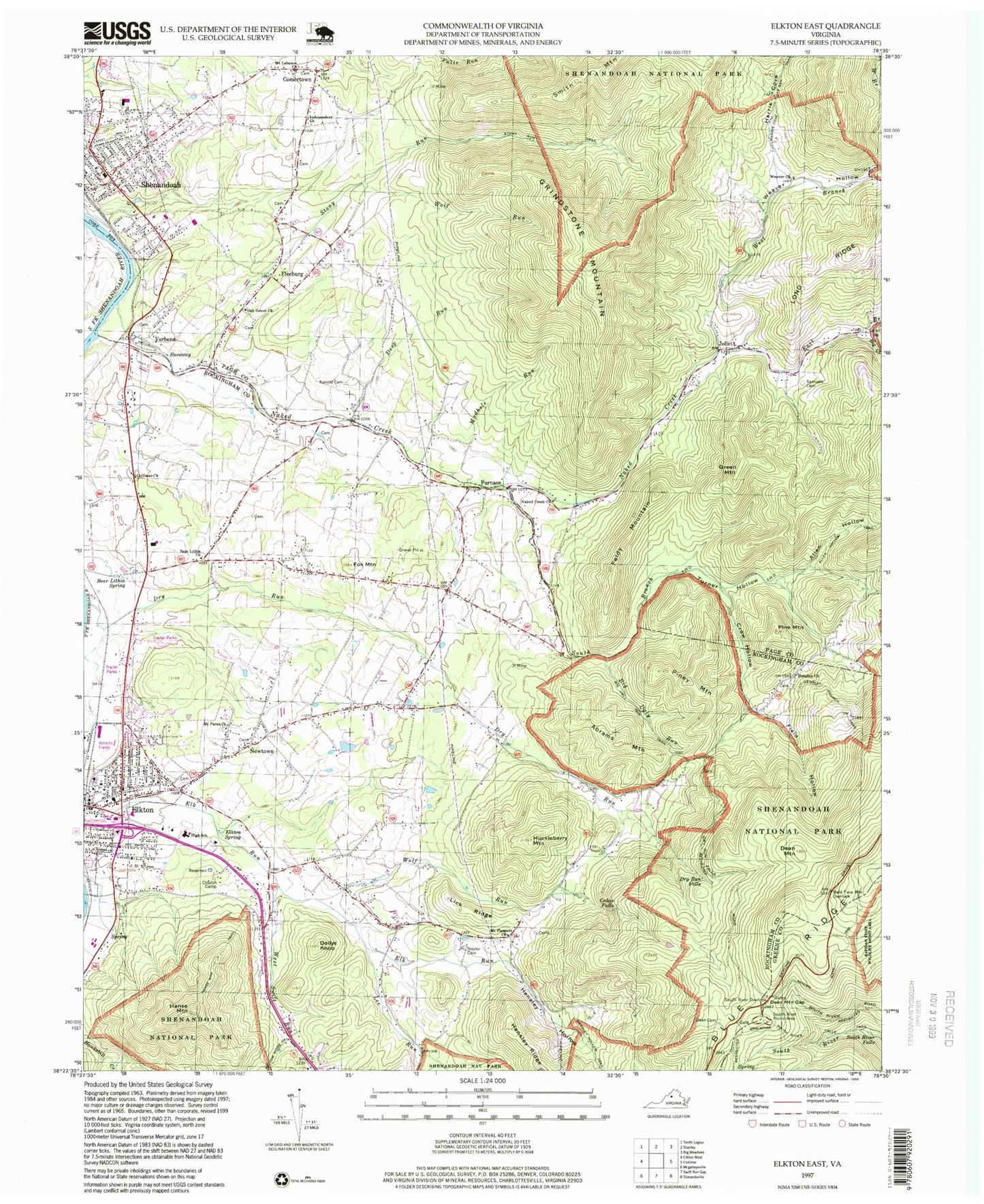 Classic USGS Elkton East Virginia 7.5'x7.5' Topo Map Image