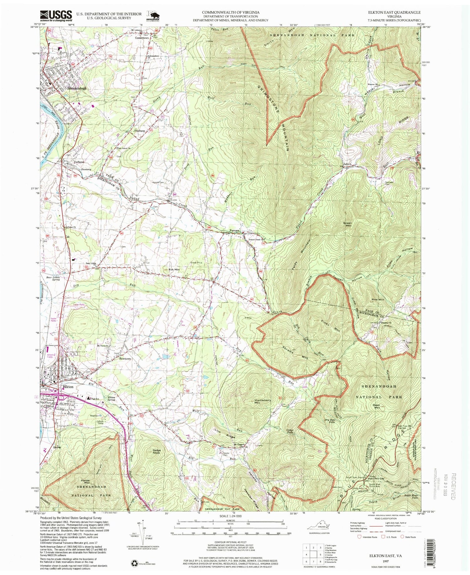 Classic USGS Elkton East Virginia 7.5'x7.5' Topo Map Image