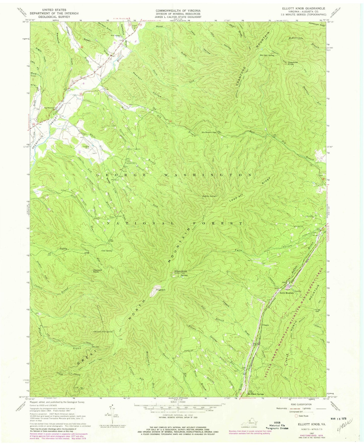 Classic USGS Elliott Knob Virginia 7.5'x7.5' Topo Map Image