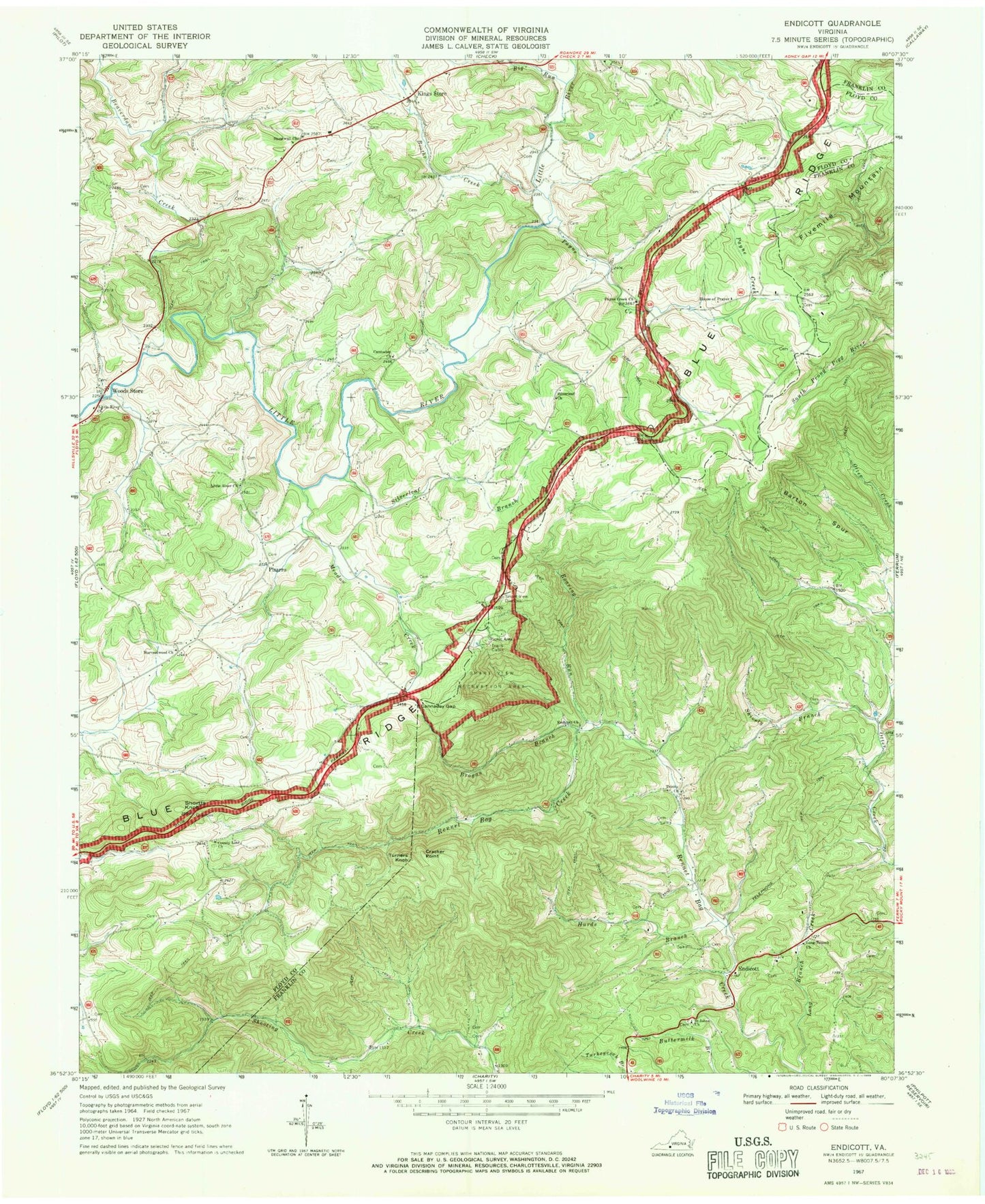 Classic USGS Endicott Virginia 7.5'x7.5' Topo Map Image
