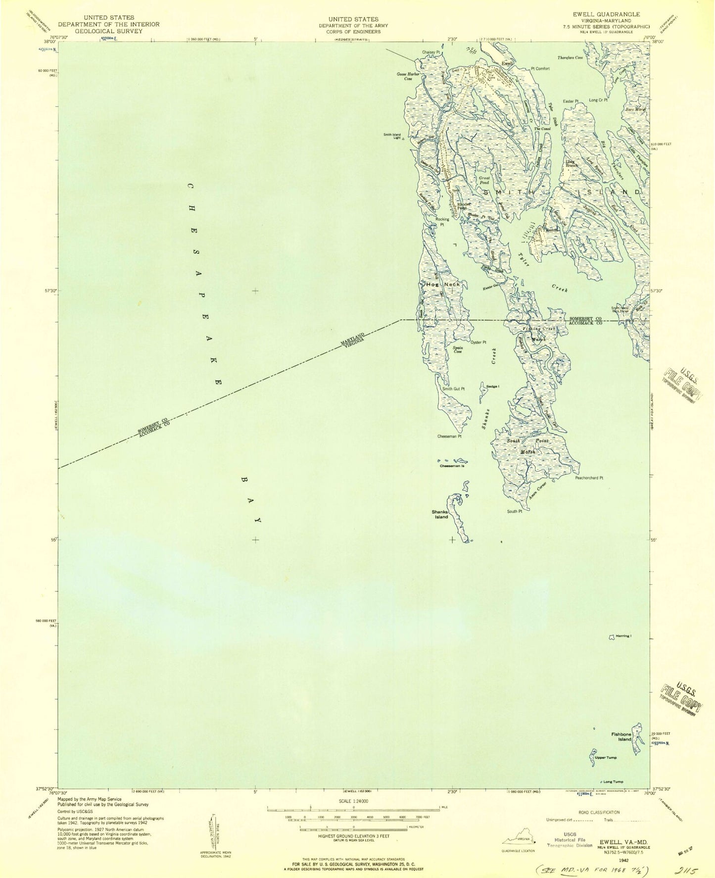 Classic USGS Ewell Maryland 7.5'x7.5' Topo Map Image