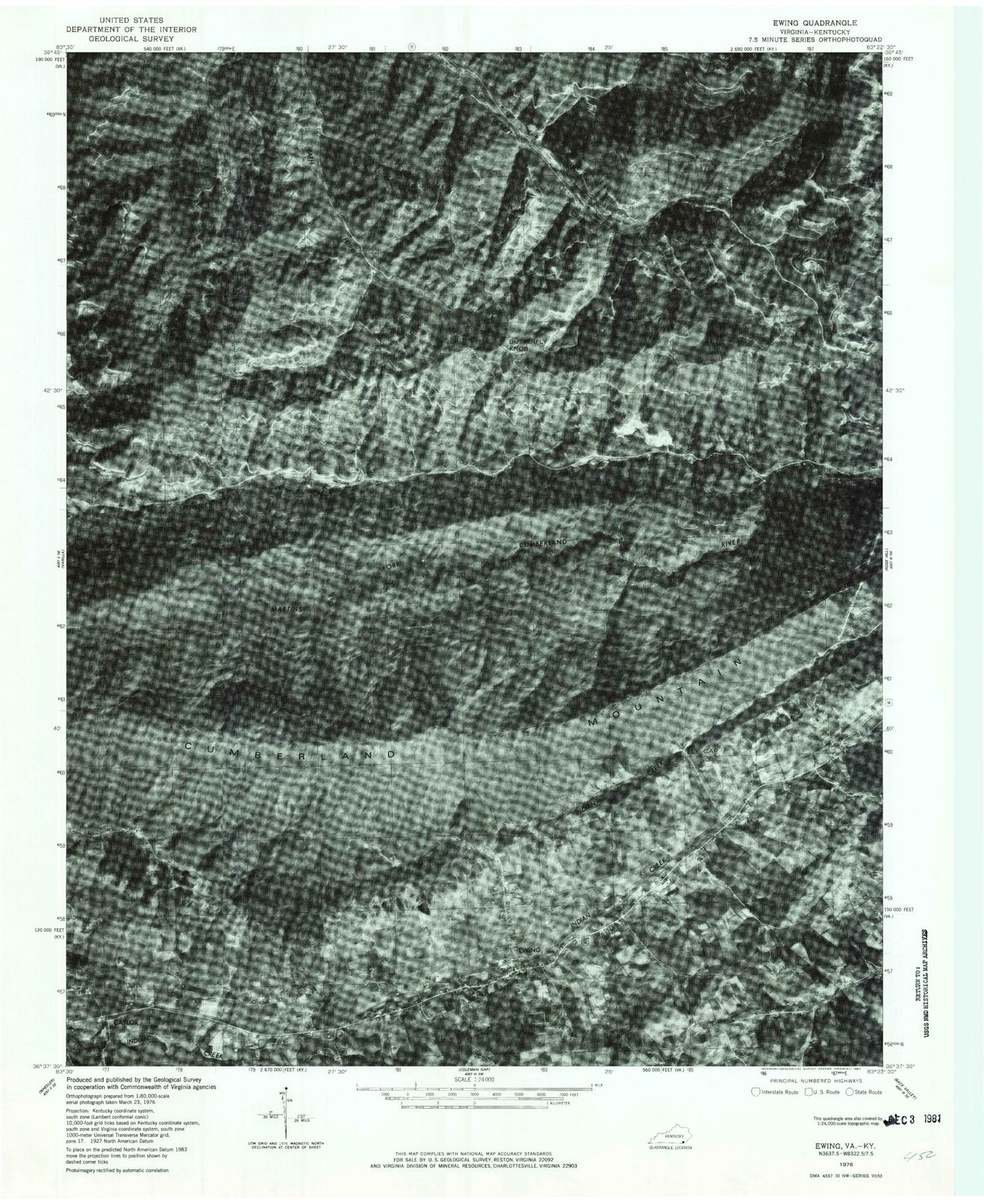 Classic USGS Ewing Virginia 7.5'x7.5' Topo Map Image