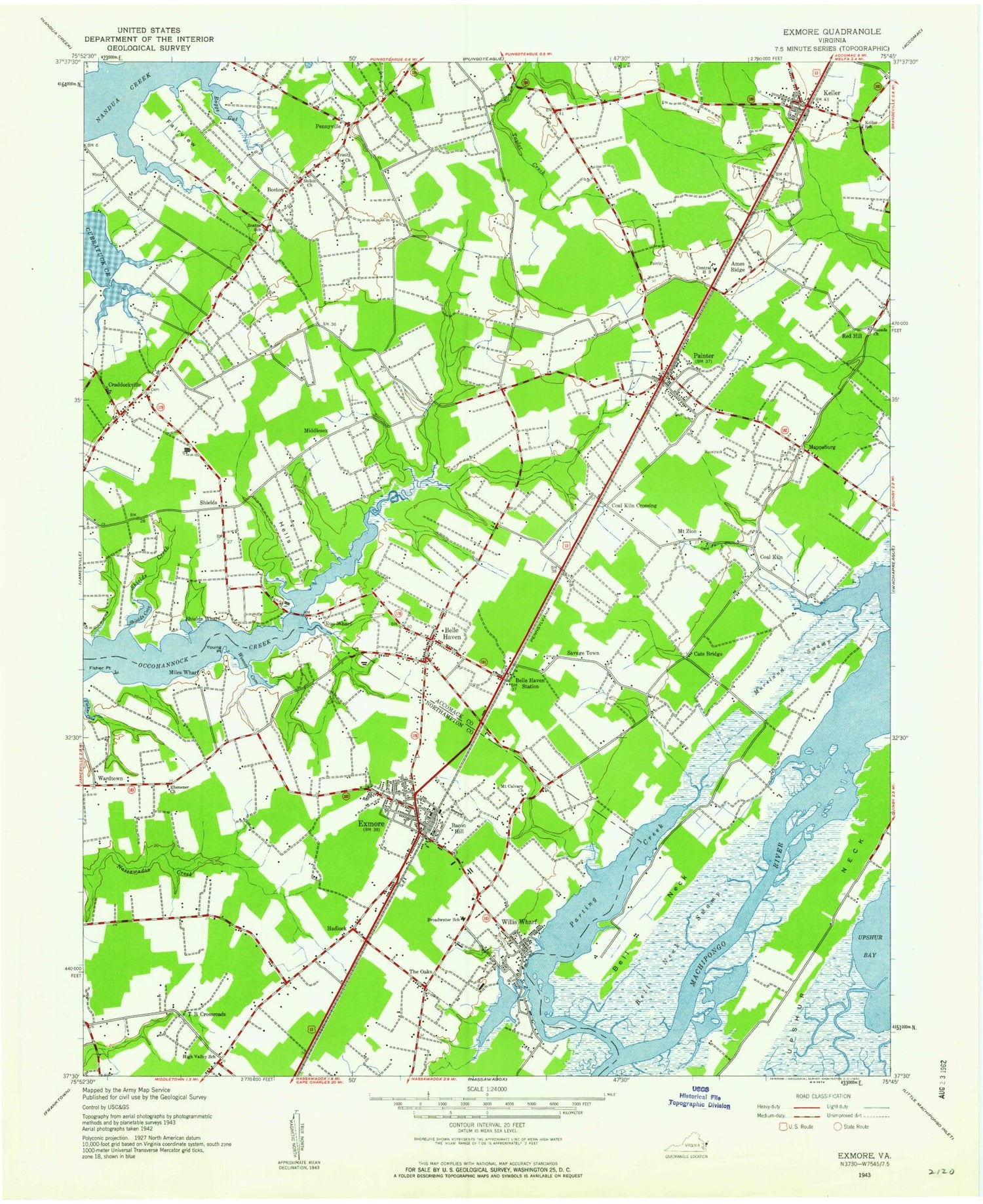 Classic USGS Exmore Virginia 7.5'x7.5' Topo Map Image