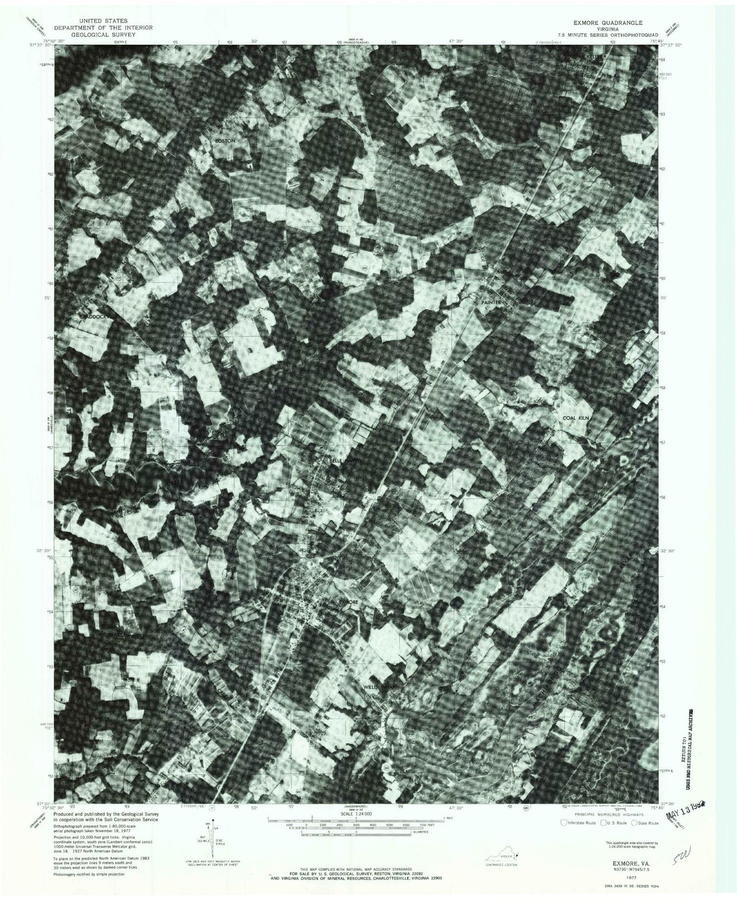 Classic USGS Exmore Virginia 7.5'x7.5' Topo Map Image