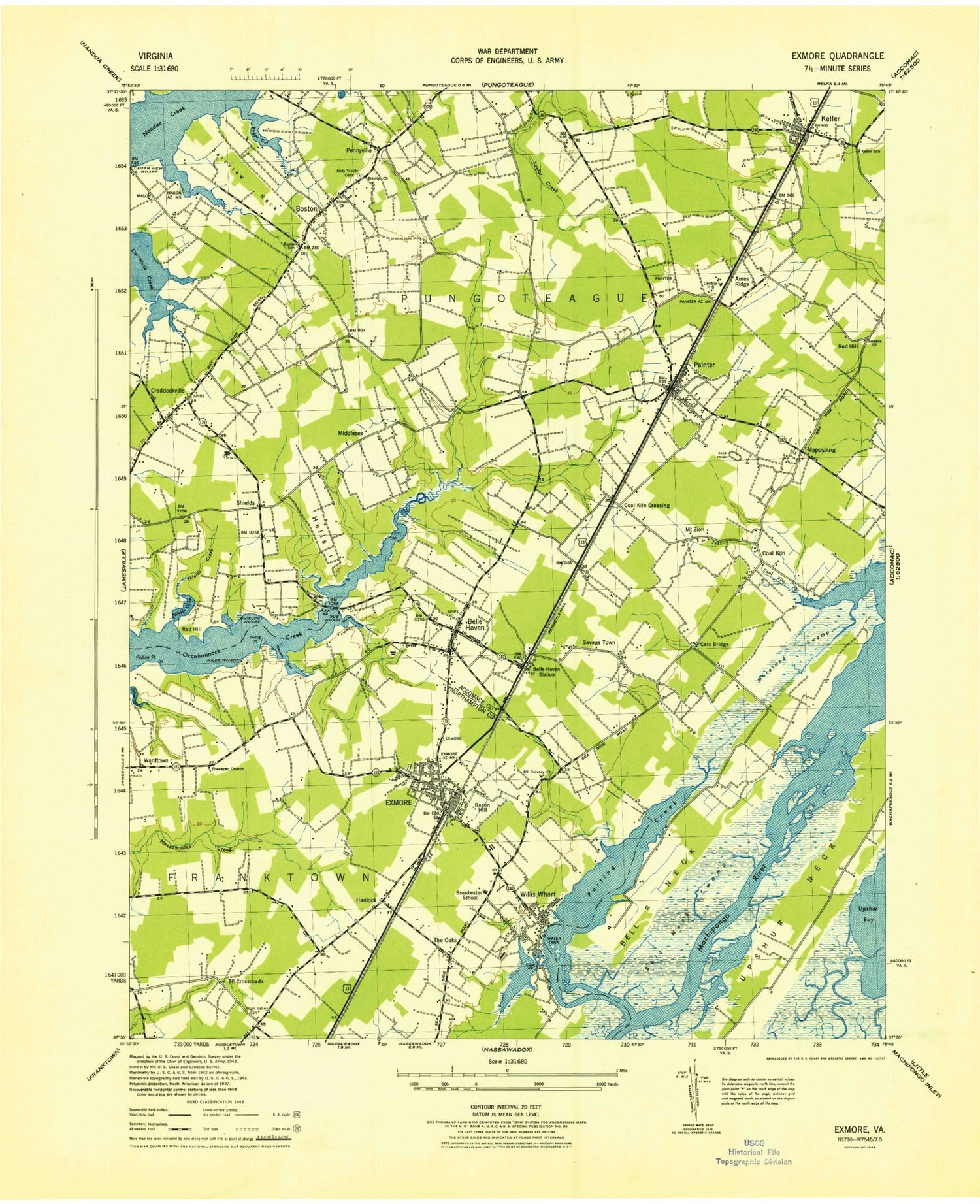 Classic USGS Exmore Virginia 7.5'x7.5' Topo Map Image