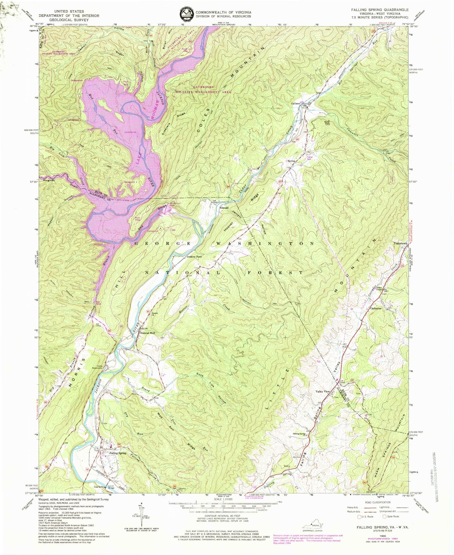 Classic USGS Falling Spring Virginia 7.5'x7.5' Topo Map Image