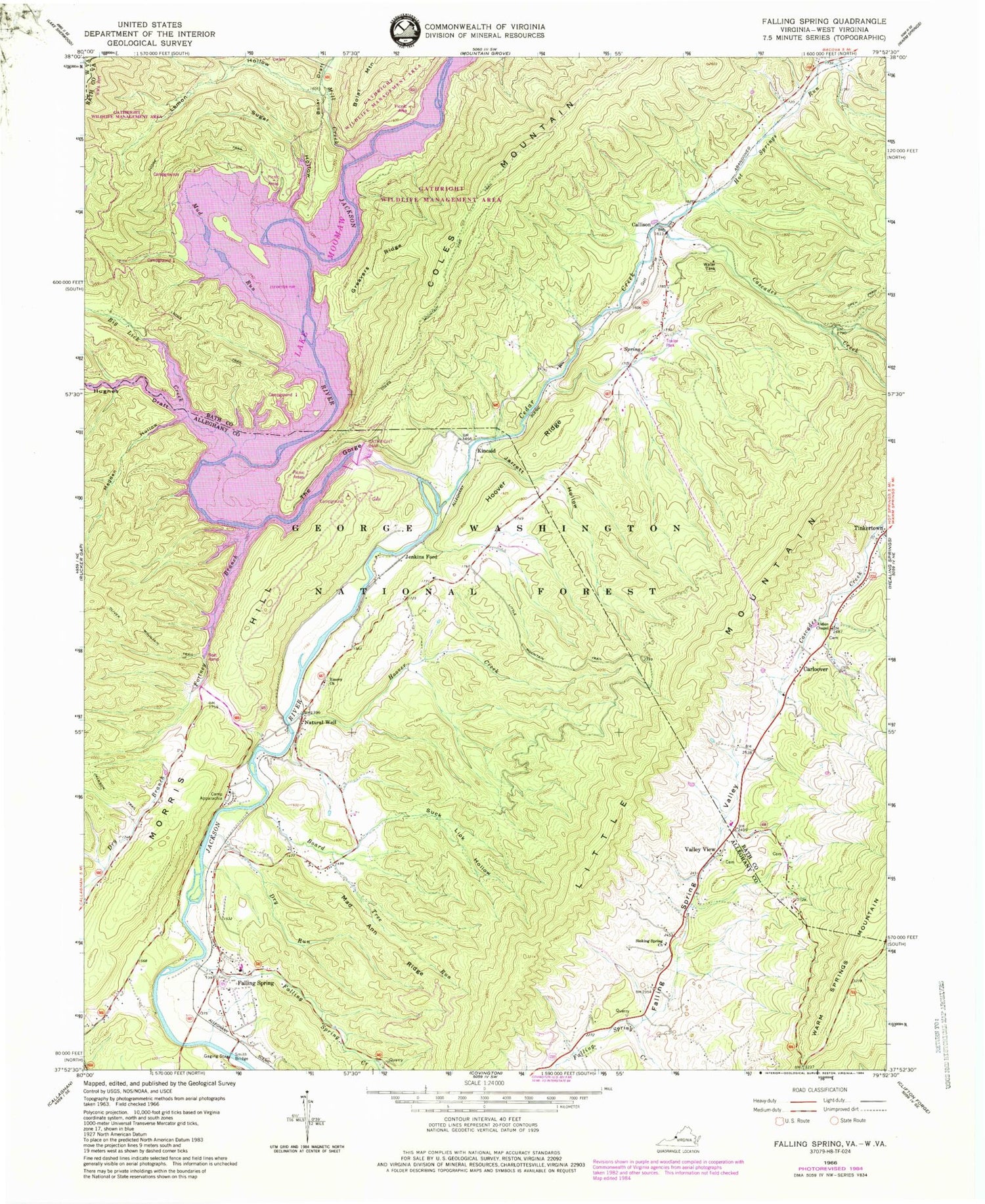 Classic USGS Falling Spring Virginia 7.5'x7.5' Topo Map Image