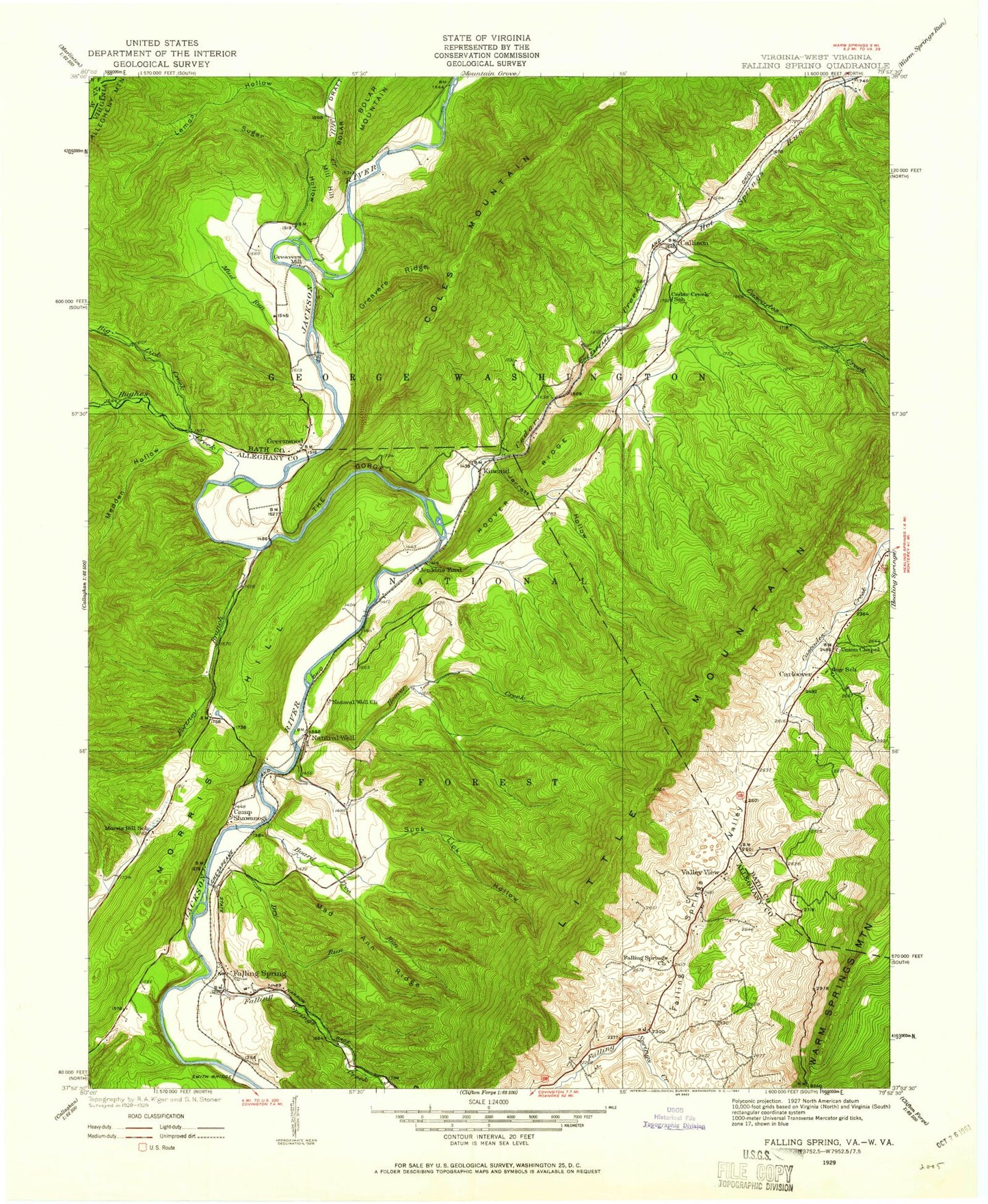 Classic USGS Falling Spring Virginia 7.5'x7.5' Topo Map Image