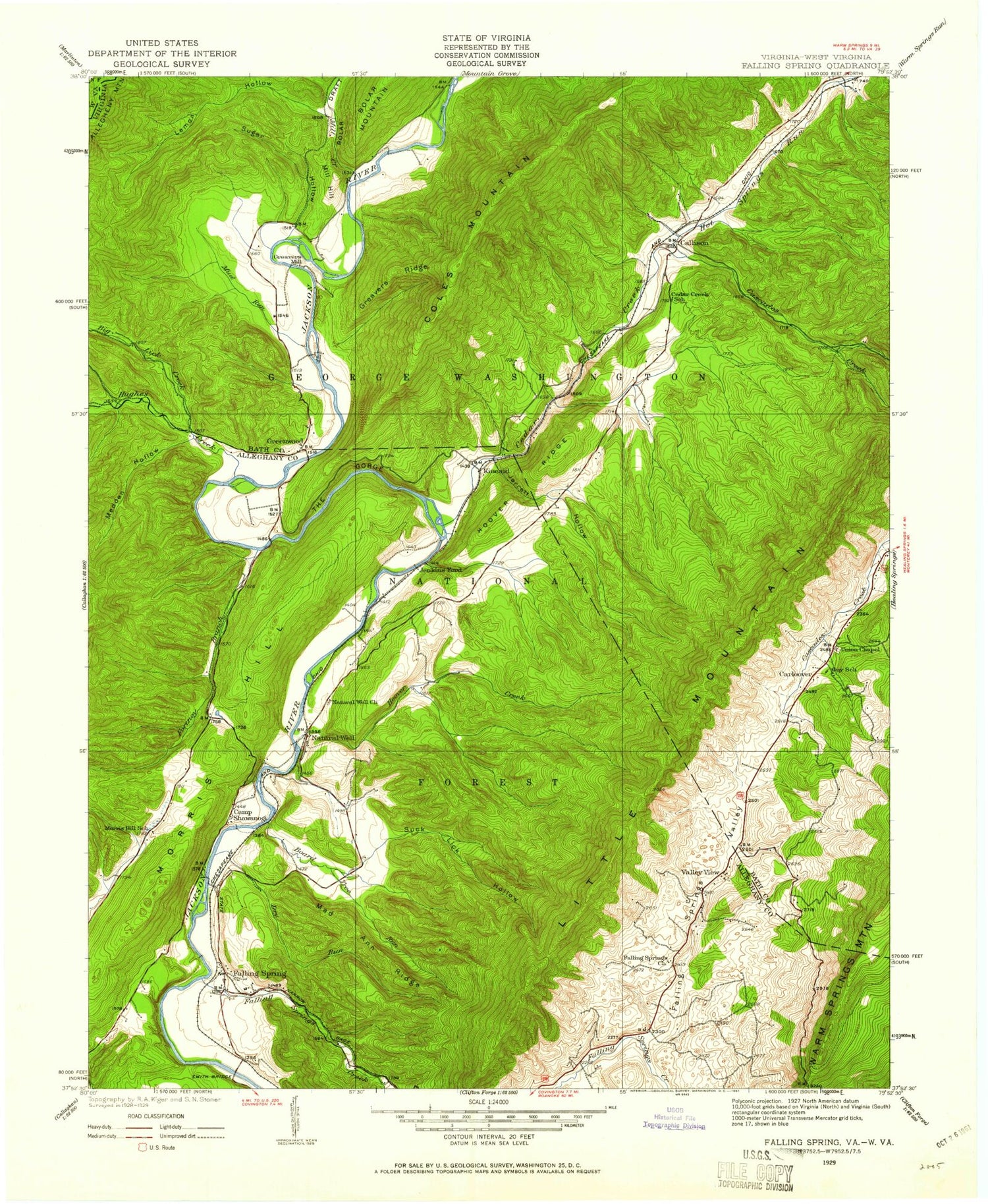 Classic USGS Falling Spring Virginia 7.5'x7.5' Topo Map Image