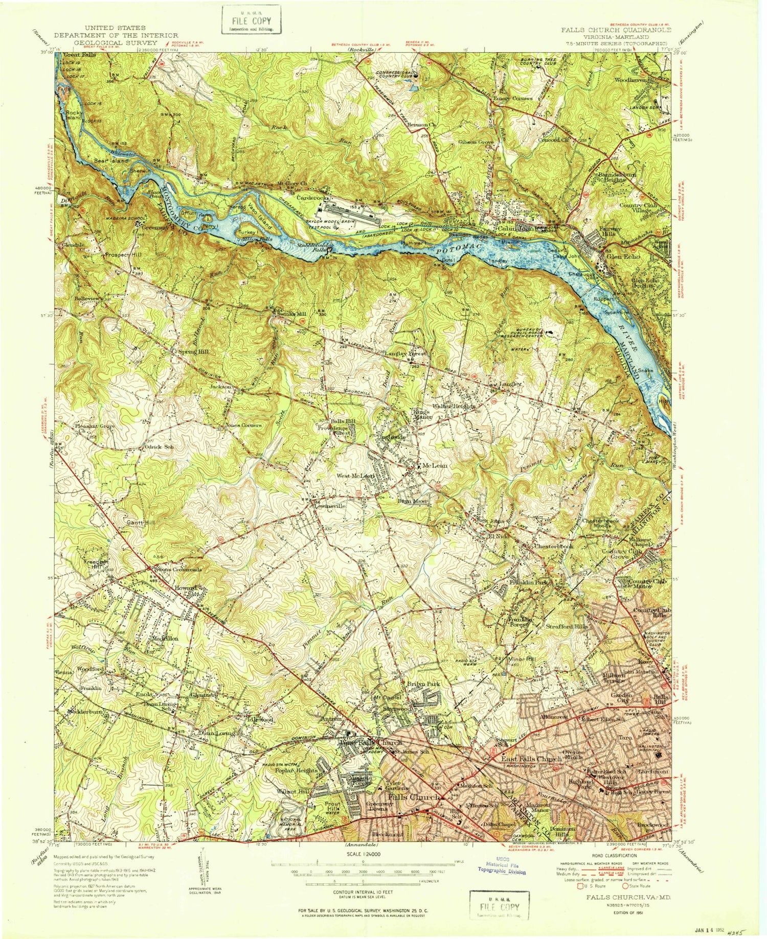 USGS Classic Falls Church Virginia 7.5'x7.5' Topo Map Image