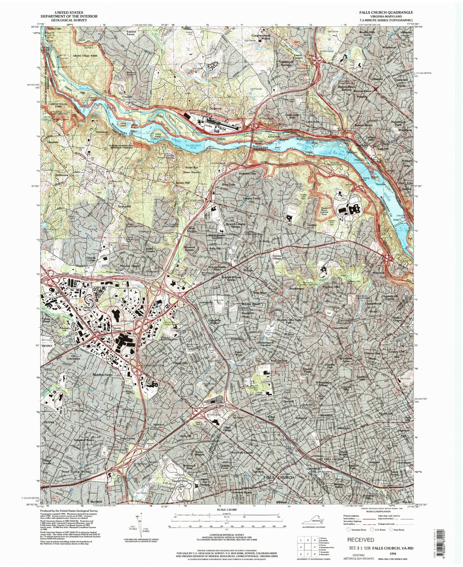 USGS Classic Falls Church Virginia 7.5'x7.5' Topo Map Image