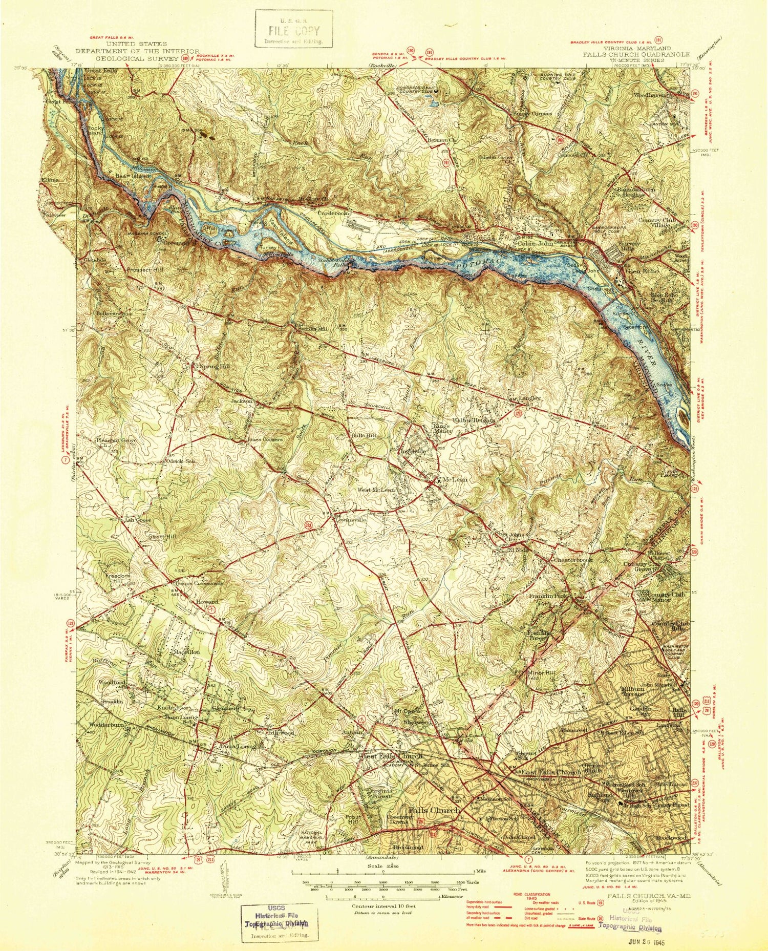USGS Classic Falls Church Virginia 7.5'x7.5' Topo Map Image