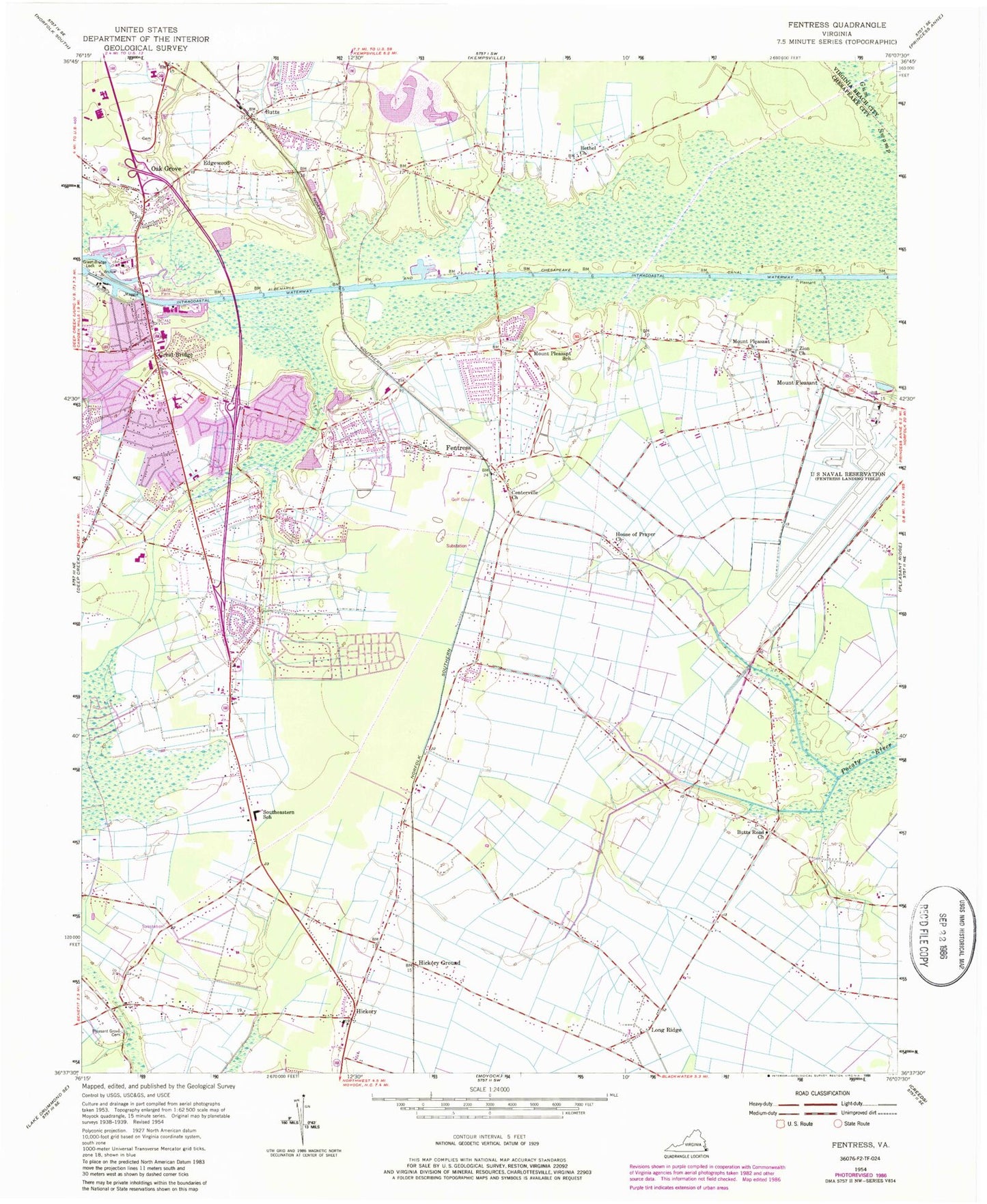 Classic USGS Fentress Virginia 7.5'x7.5' Topo Map Image