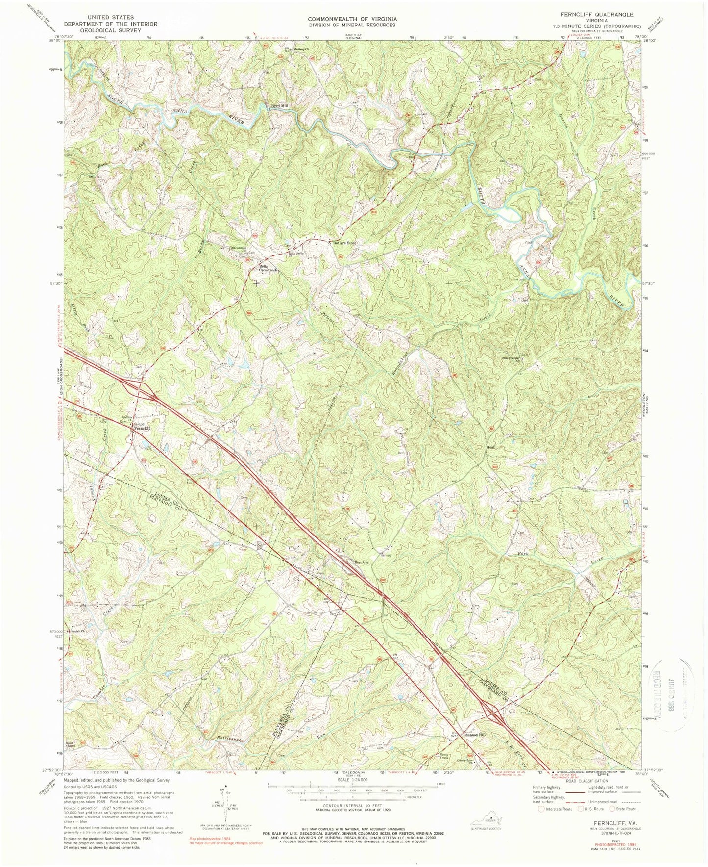 Classic USGS Ferncliff Virginia 7.5'x7.5' Topo Map Image