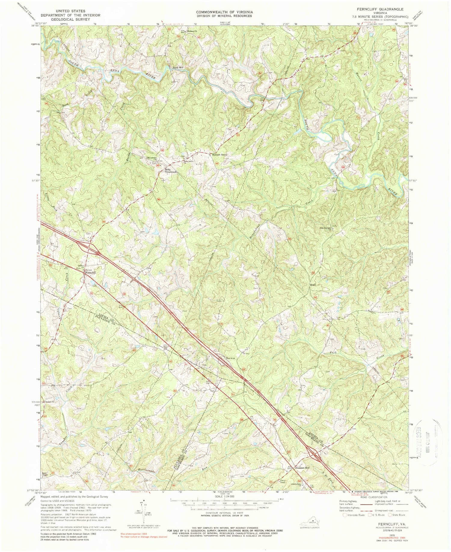 Classic USGS Ferncliff Virginia 7.5'x7.5' Topo Map Image