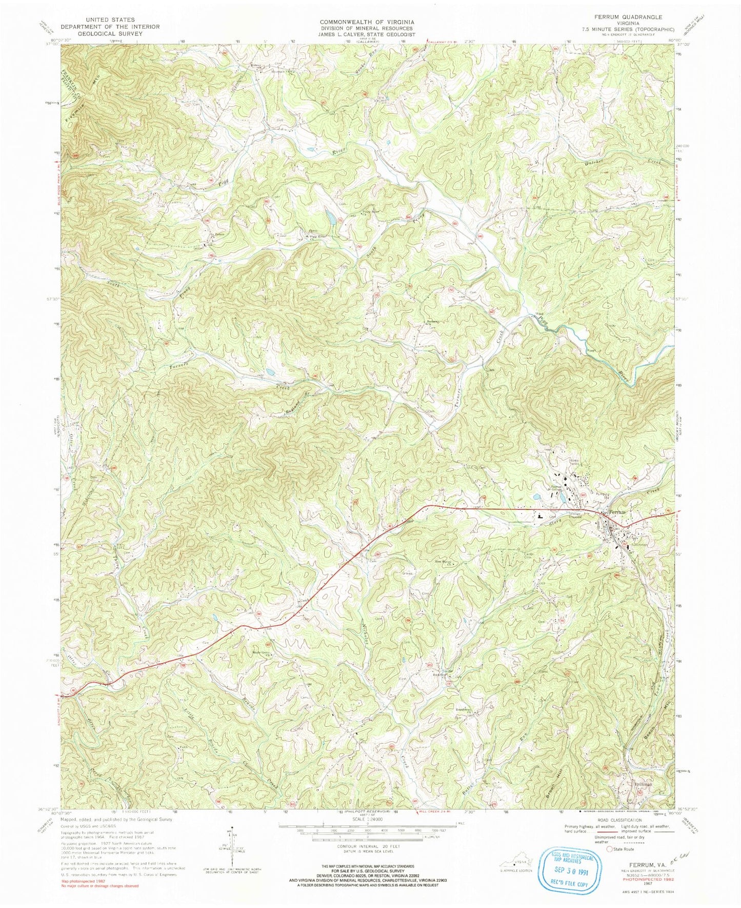 Classic USGS Ferrum Virginia 7.5'x7.5' Topo Map Image