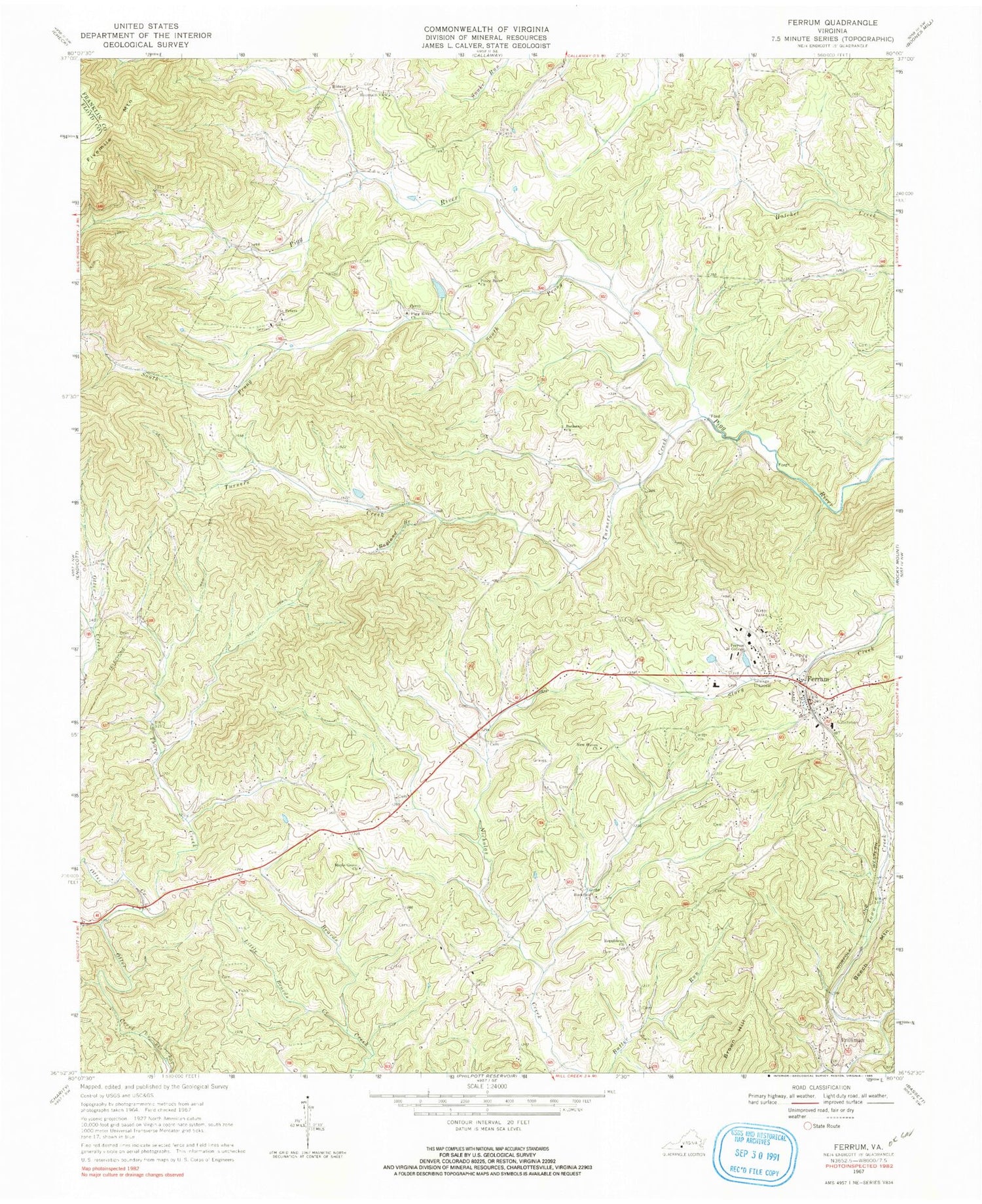 Classic USGS Ferrum Virginia 7.5'x7.5' Topo Map Image