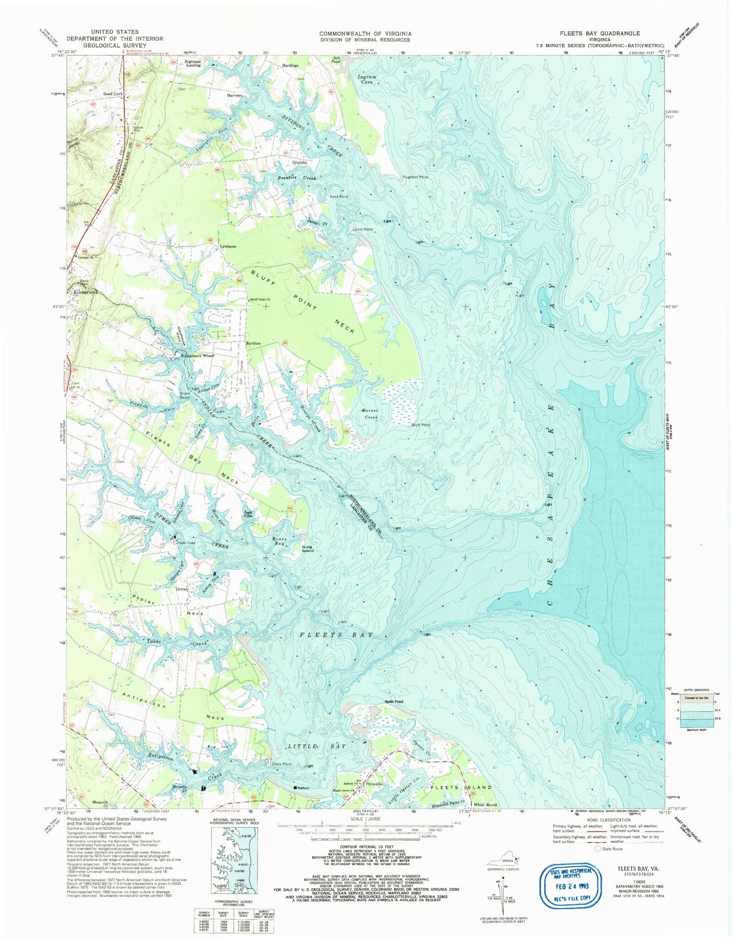 Classic USGS Fleets Bay Virginia 7.5'x7.5' Topo Map Image