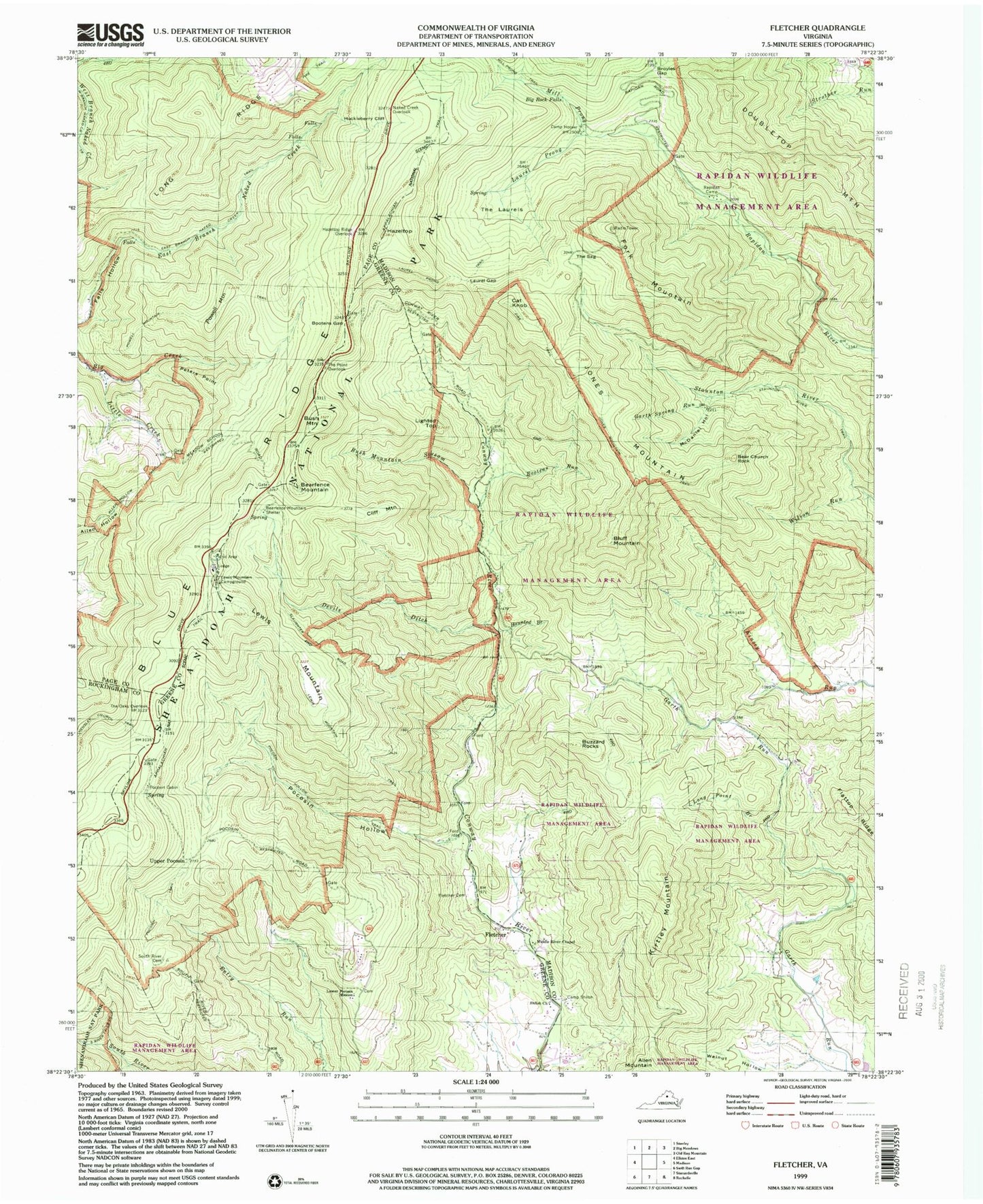 USGS Classic Fletcher Virginia 7.5'x7.5' Topo Map Image