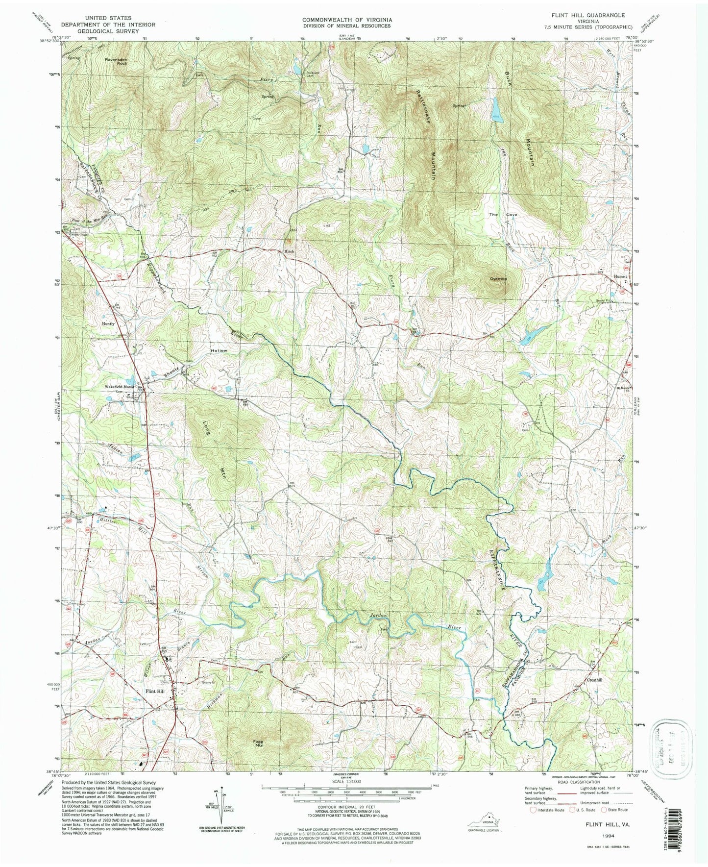 Classic USGS Flint Hill Virginia 7.5'x7.5' Topo Map Image