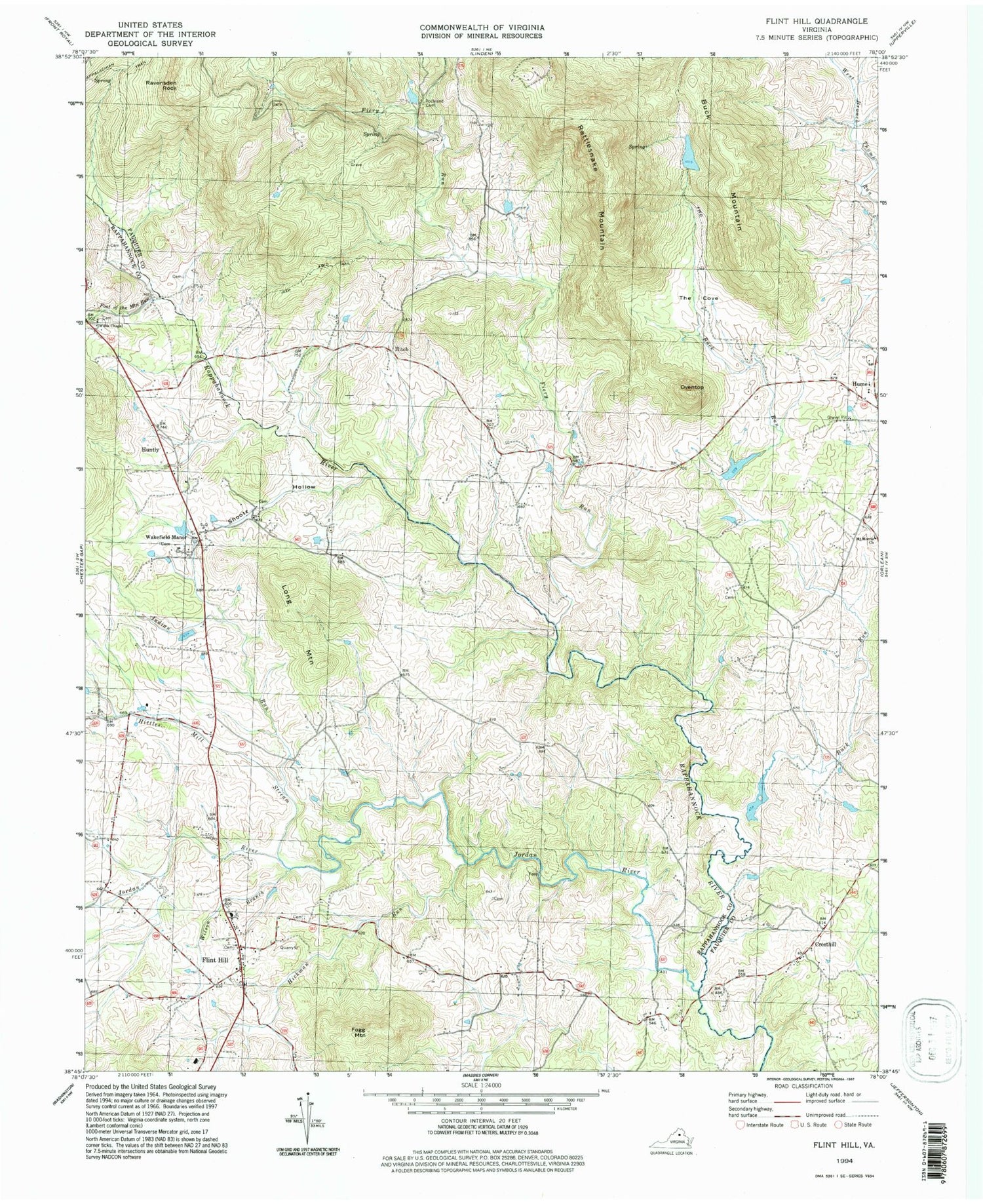 Classic USGS Flint Hill Virginia 7.5'x7.5' Topo Map Image