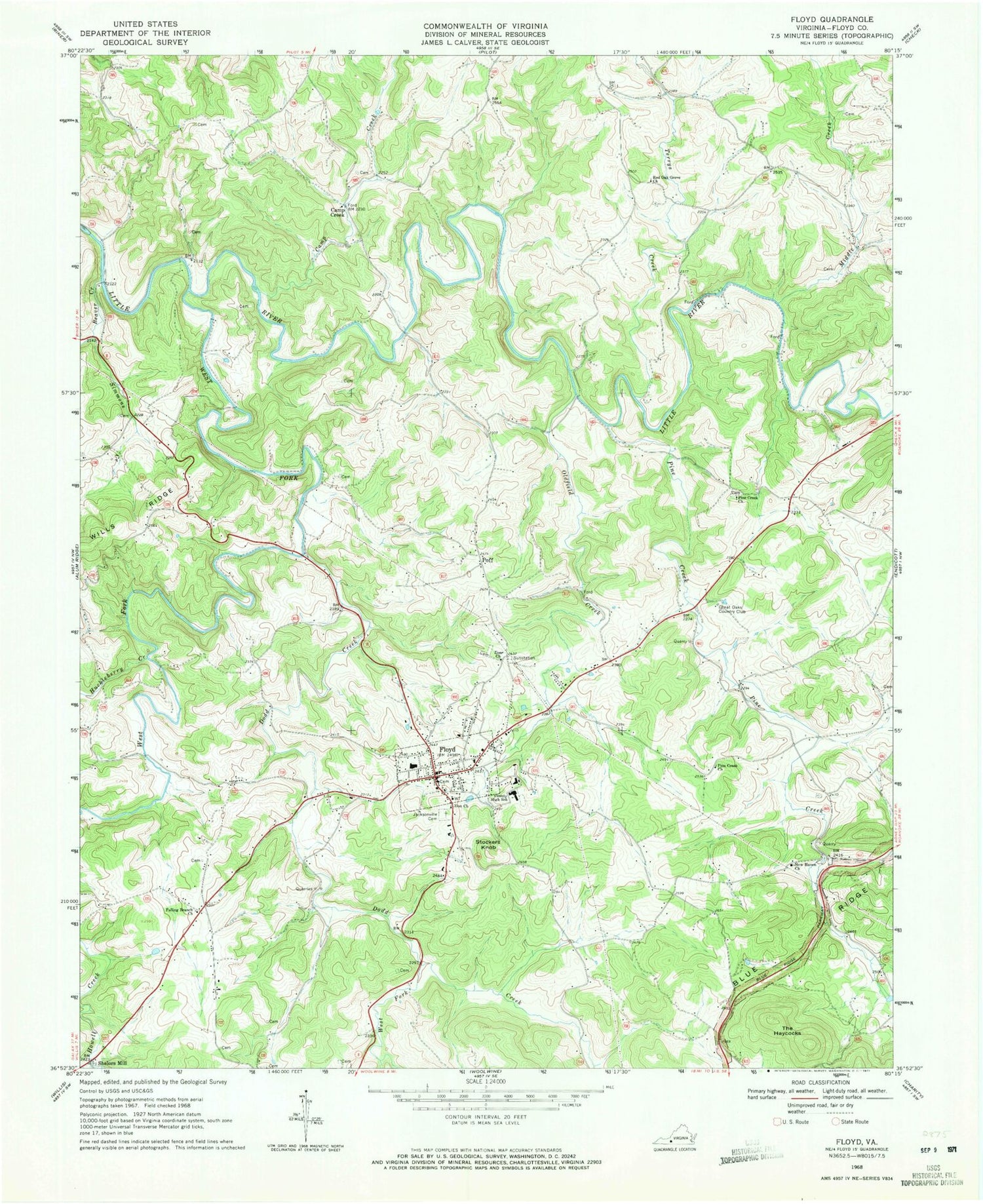Classic USGS Floyd Virginia 7.5'x7.5' Topo Map Image
