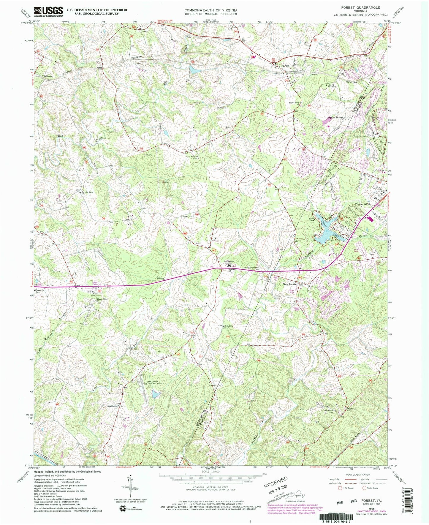 Classic USGS Forest Virginia 7.5'x7.5' Topo Map Image