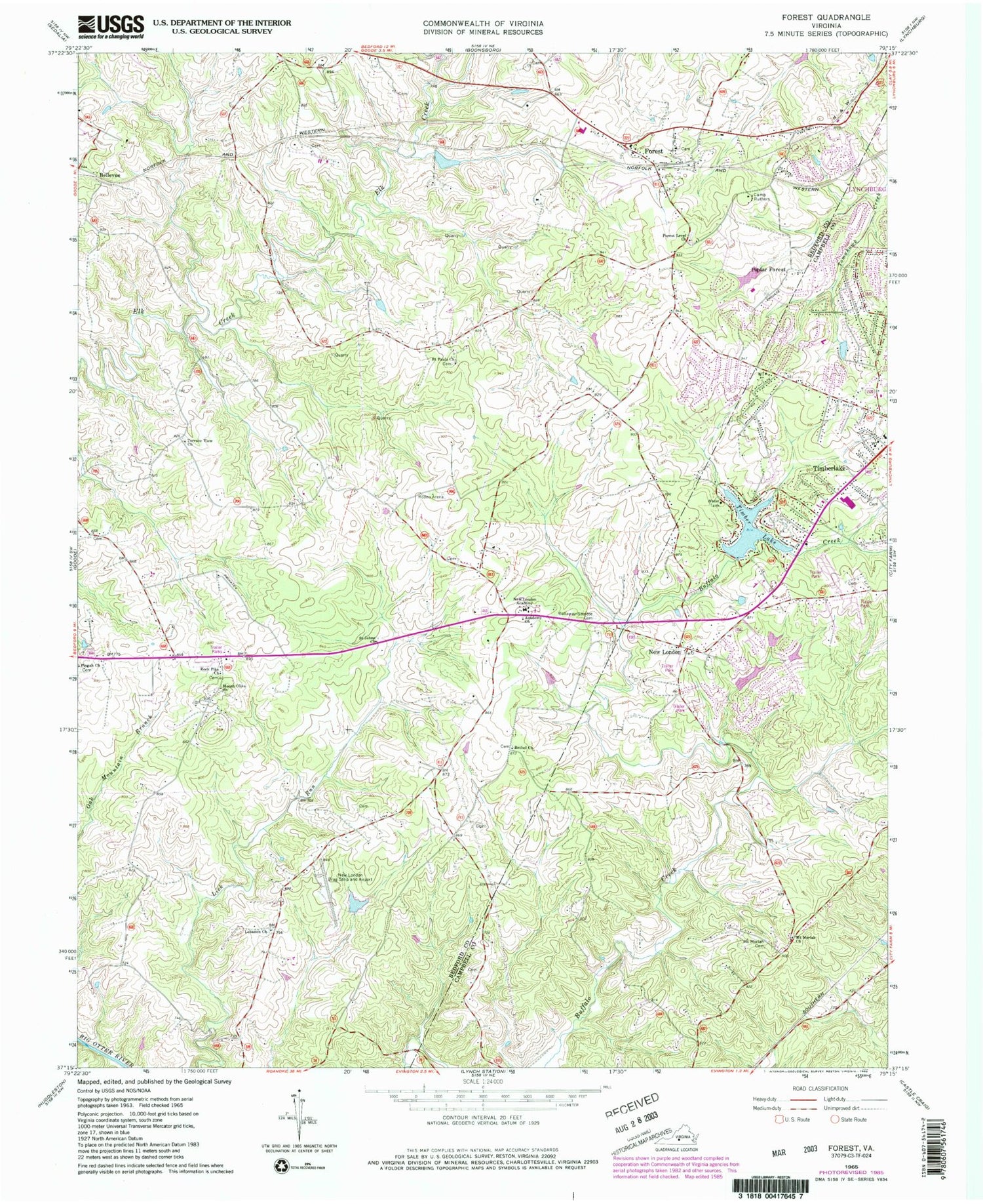 Classic USGS Forest Virginia 7.5'x7.5' Topo Map Image