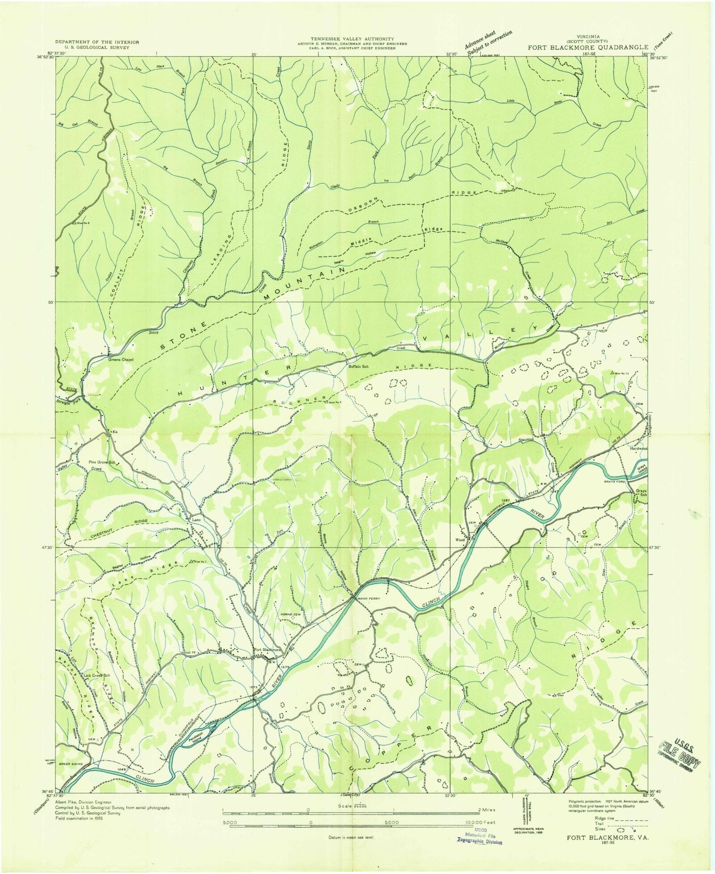 Classic USGS Fort Blackmore Virginia 7.5'x7.5' Topo Map Image
