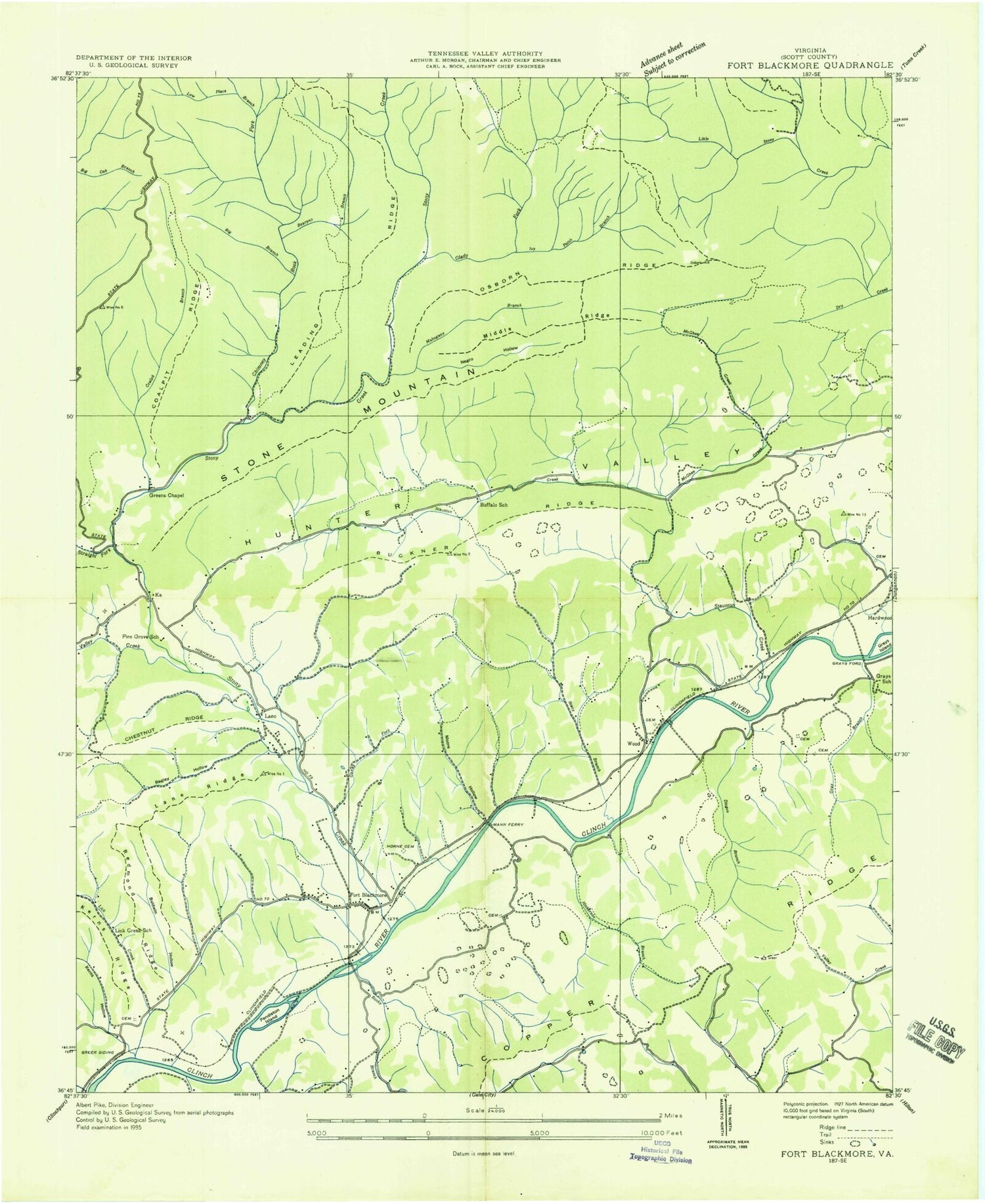 Classic USGS Fort Blackmore Virginia 7.5'x7.5' Topo Map Image