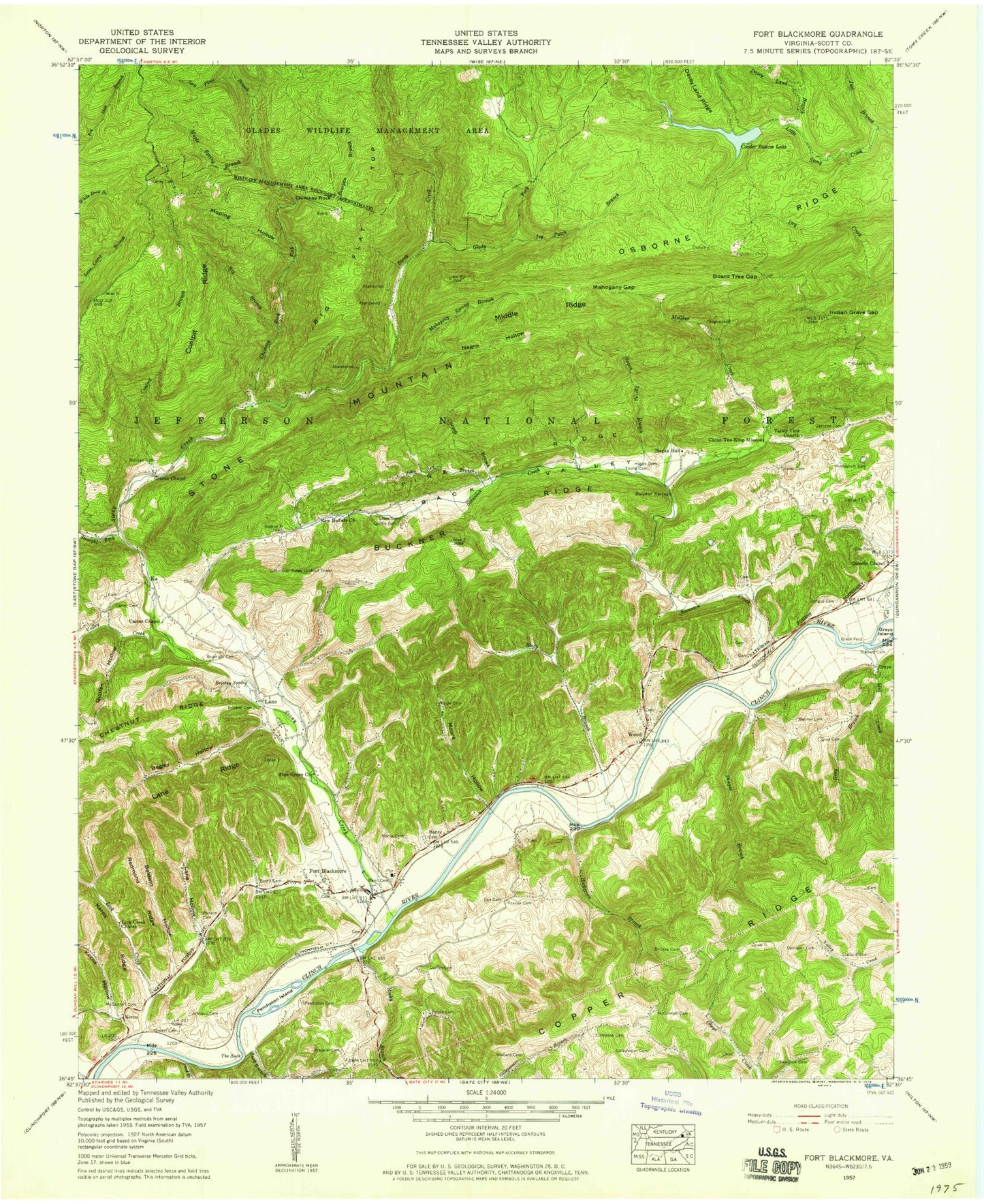 Classic USGS Fort Blackmore Virginia 7.5'x7.5' Topo Map Image