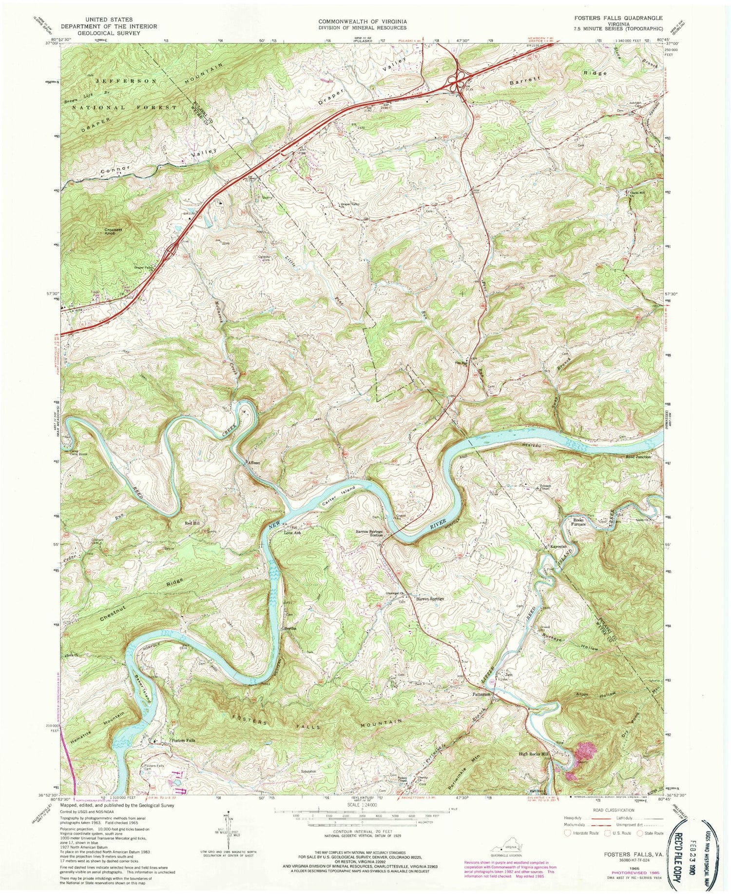 Classic USGS Fosters Falls Virginia 7.5'x7.5' Topo Map Image