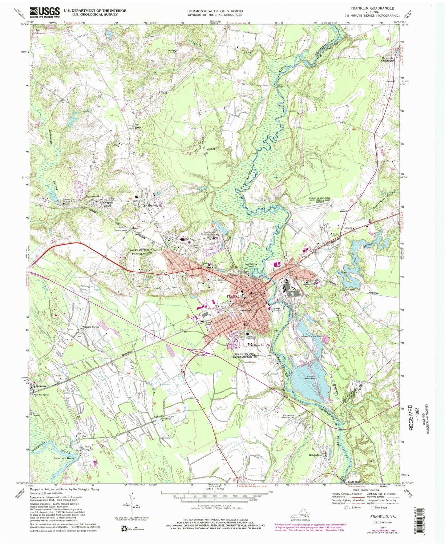 Classic USGS Franklin Virginia 7.5'x7.5' Topo Map Image