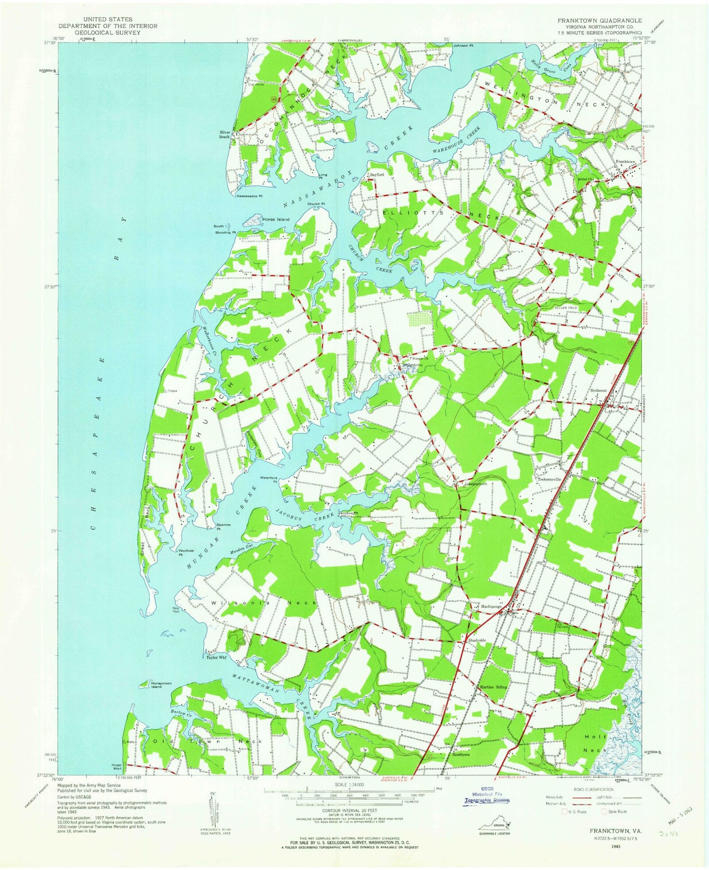 Classic USGS Franktown Virginia 7.5'x7.5' Topo Map Image
