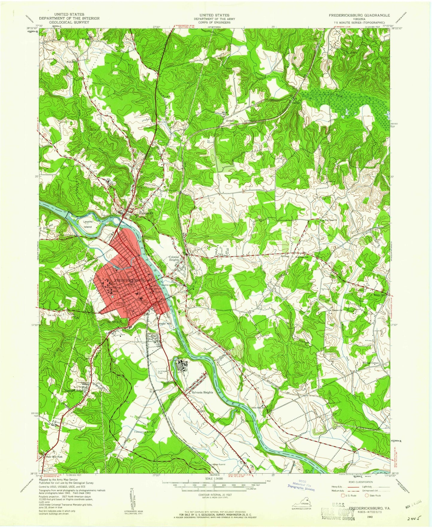 Classic USGS Fredericksburg Virginia 7.5'x7.5' Topo Map Image