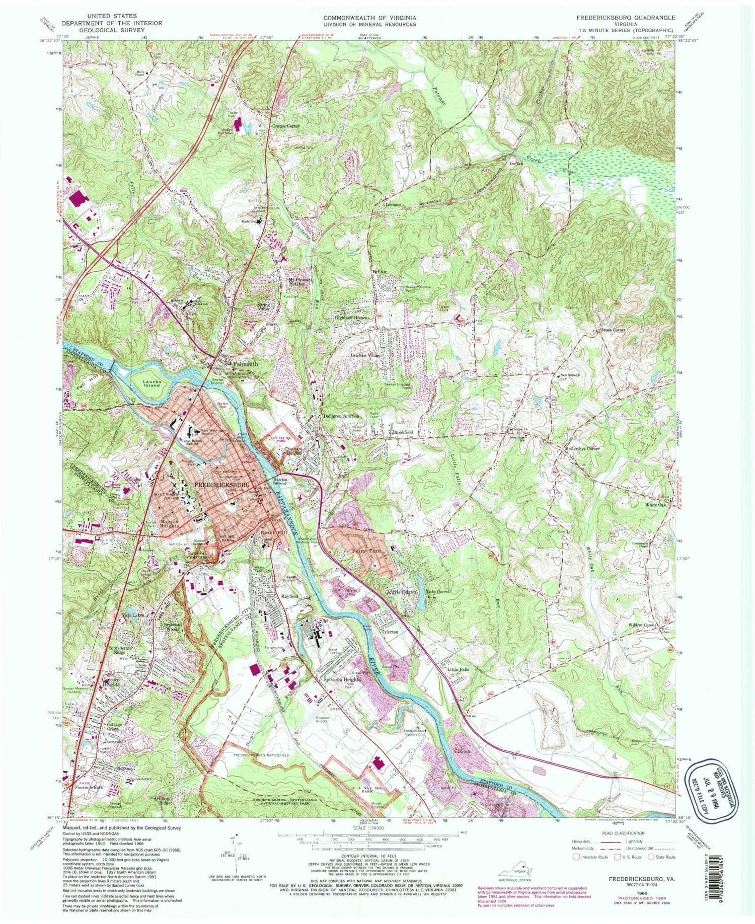 Classic USGS Fredericksburg Virginia 7.5'x7.5' Topo Map Image