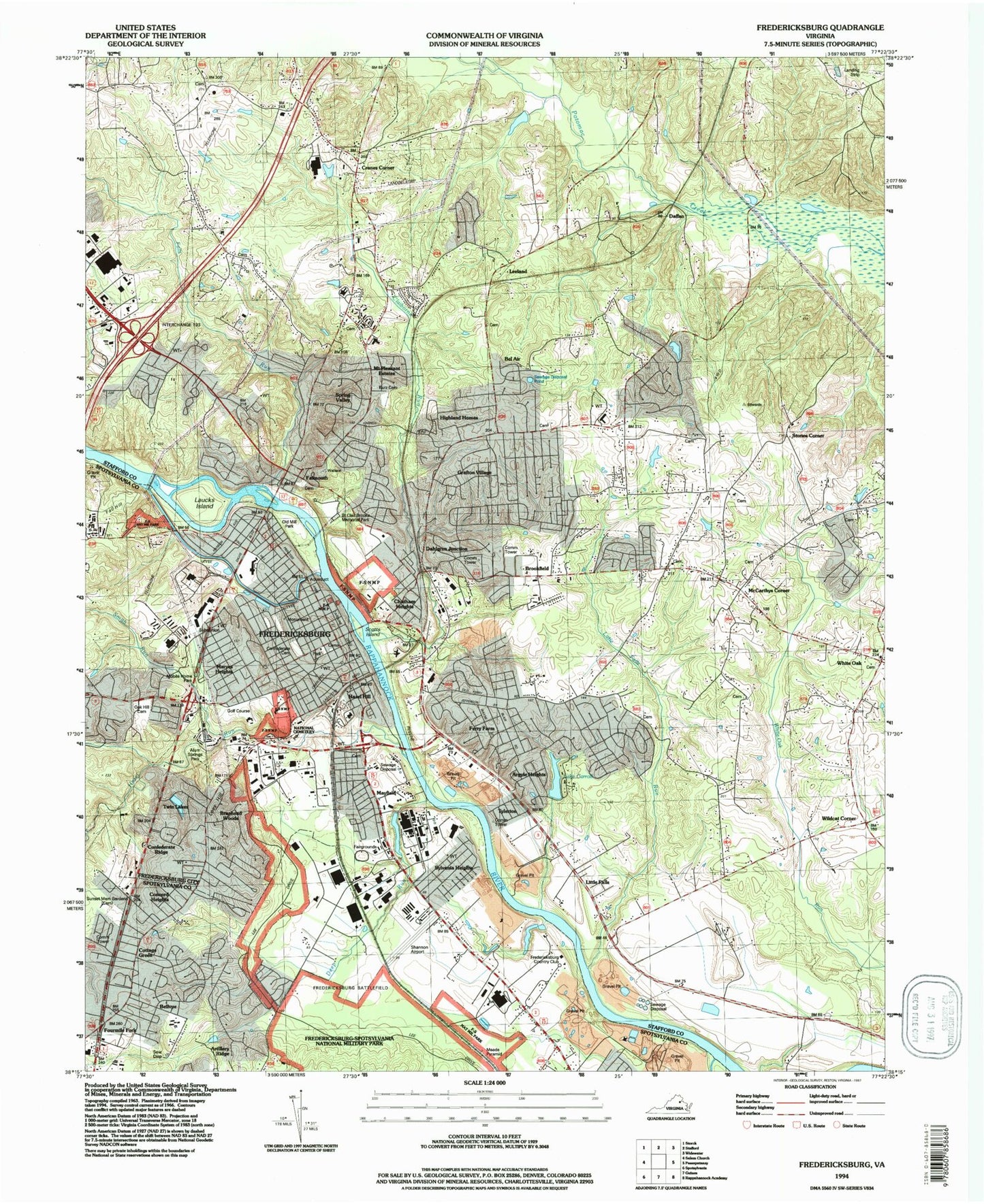 Classic USGS Fredericksburg Virginia 7.5'x7.5' Topo Map Image