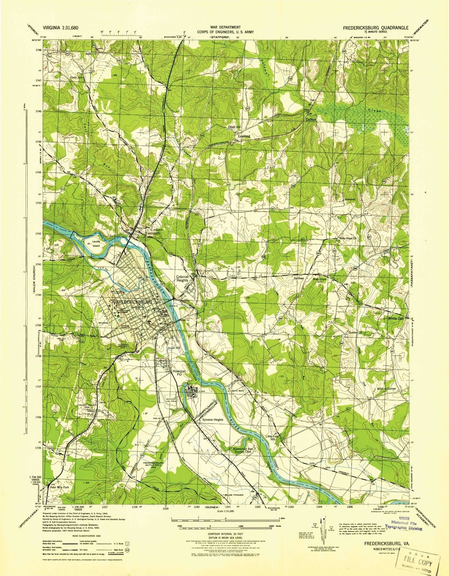 Classic USGS Fredericksburg Virginia 7.5'x7.5' Topo Map Image