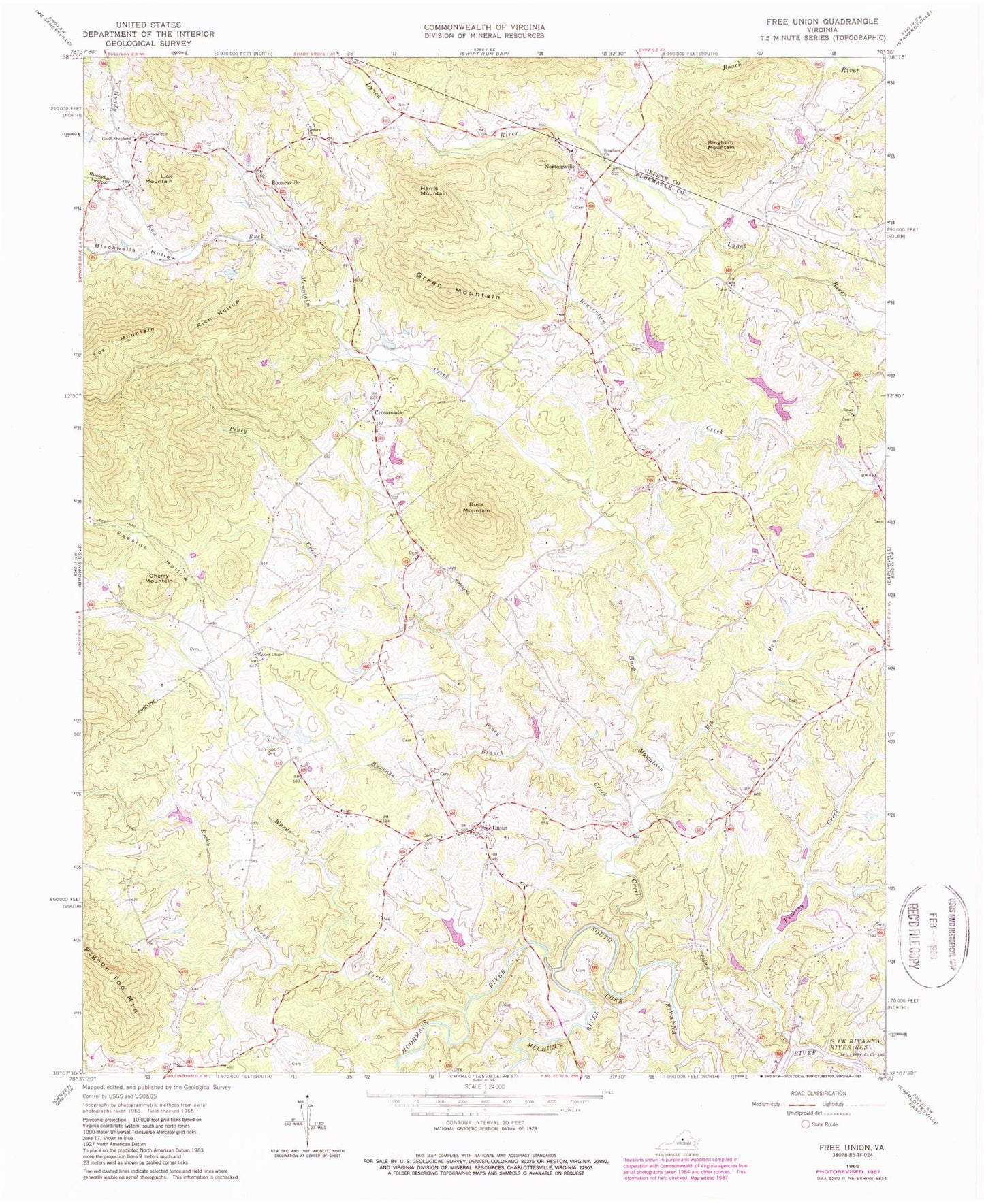Classic USGS Free Union Virginia 7.5'x7.5' Topo Map Image
